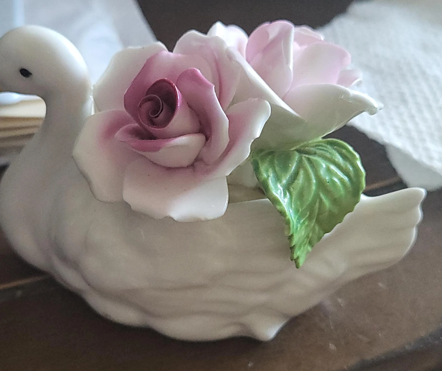 White Swan with Pink Roses Porcelain Figurine