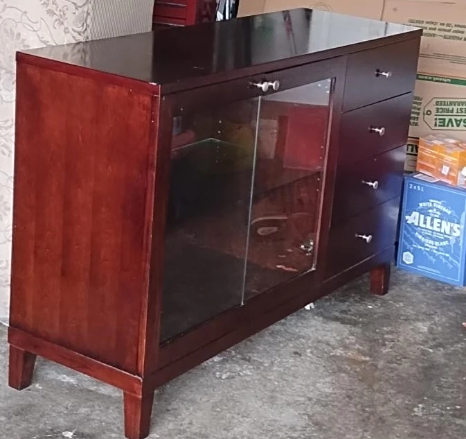Dark Wood Cabinet with Glass Door and Drawers