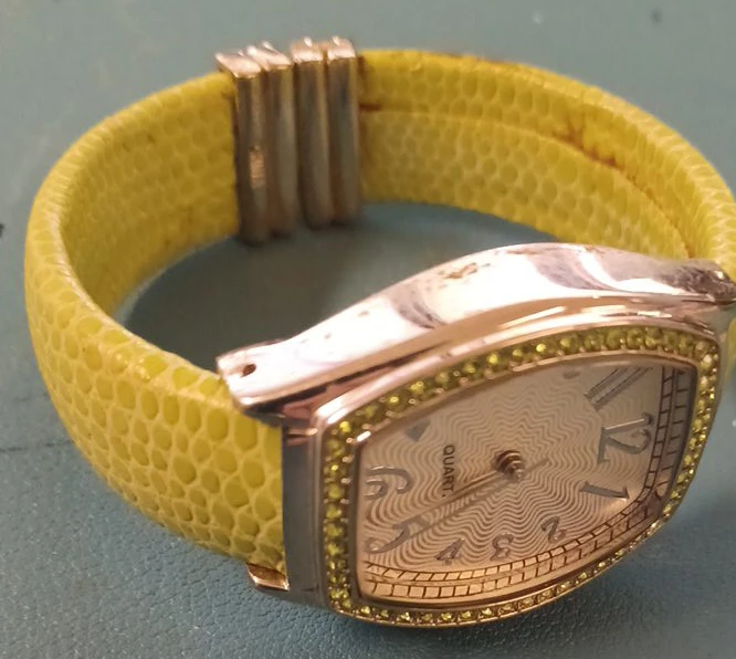 Yellow Quartz Watch with Rhinestone Bezel