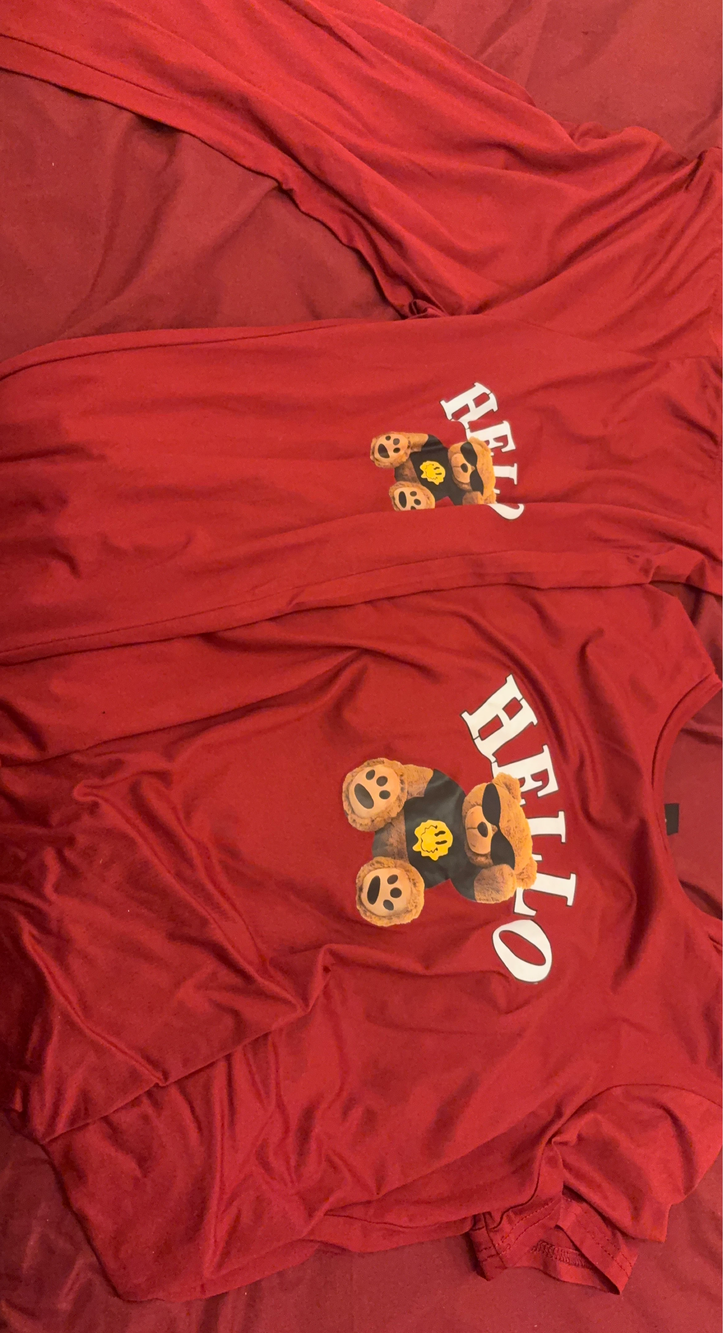 Red long sleeve t-shirts with 'HELLO' bear graphic