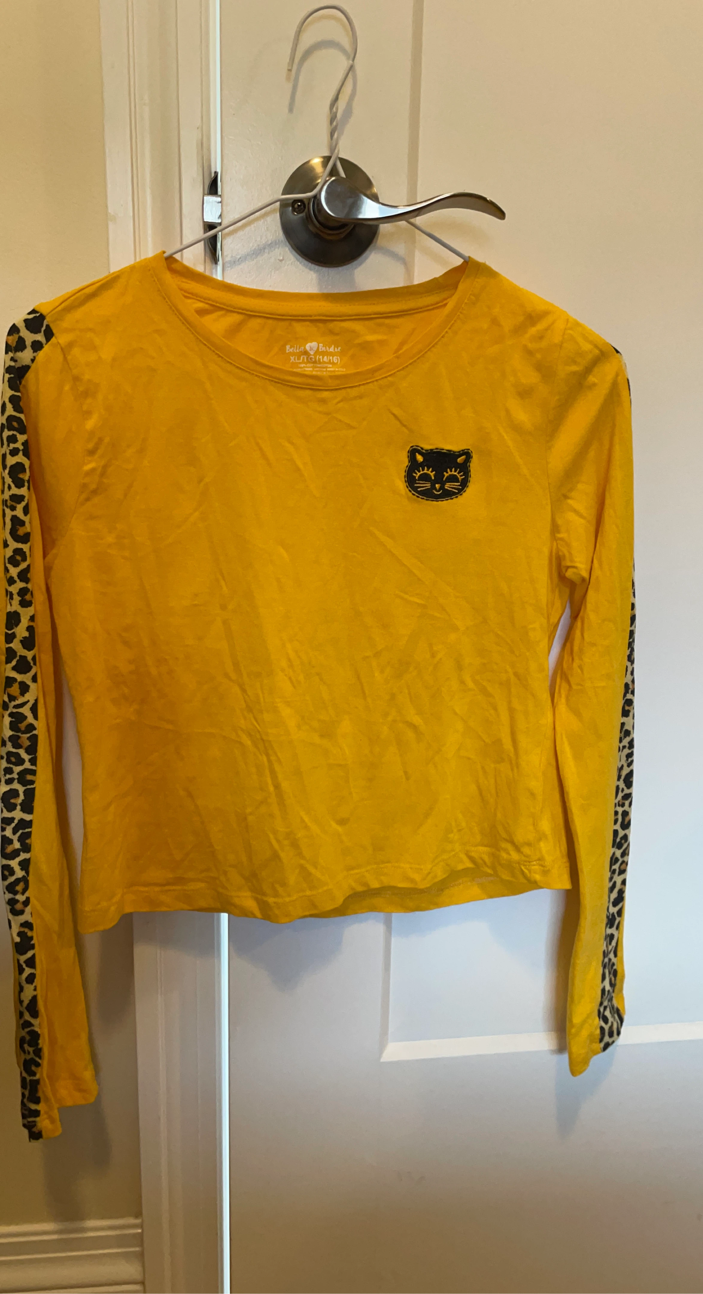 Bella Birdie Yellow Long Sleeve Top with Leopard Print Sleeves