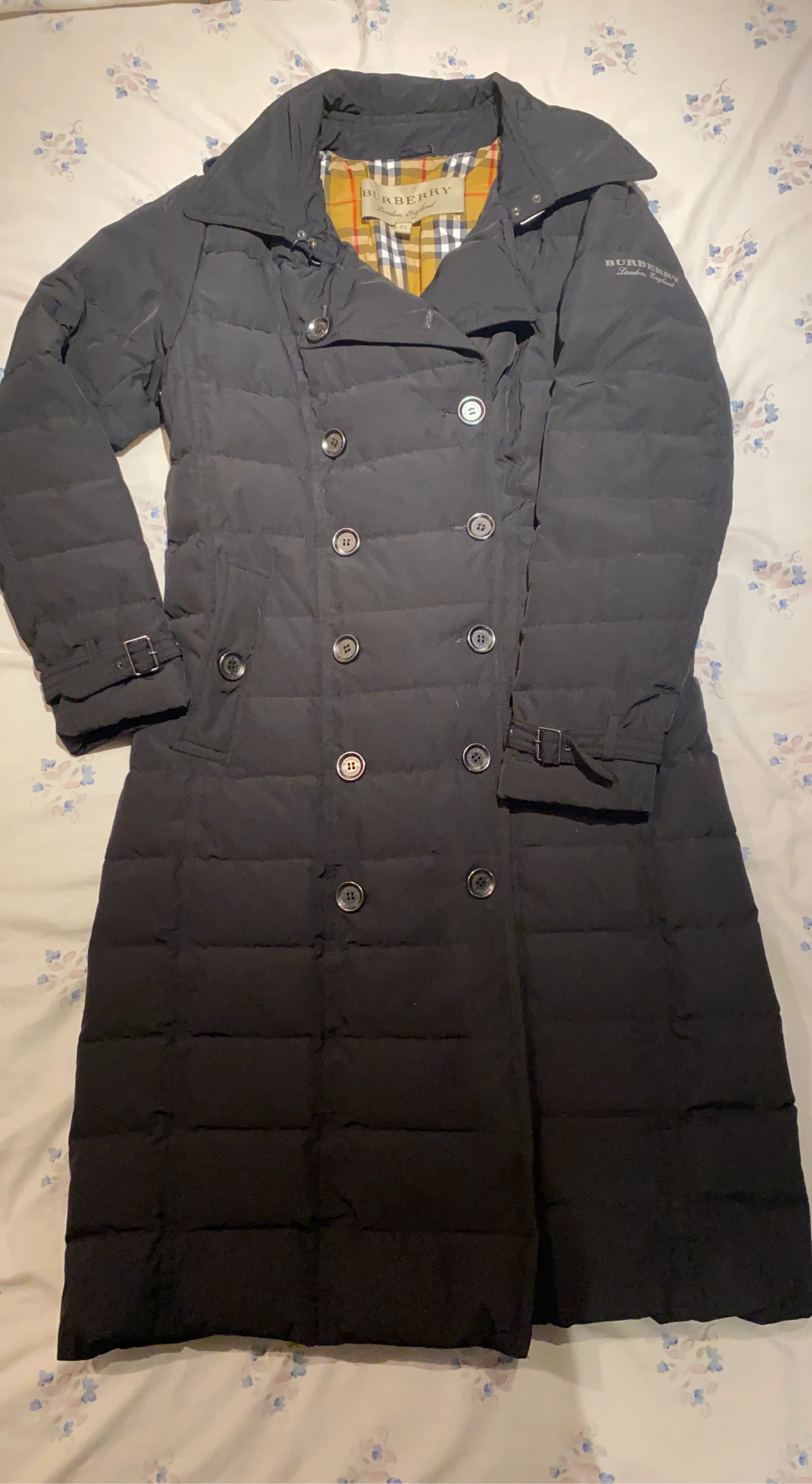 Burberry Black Quilted Down Puffer Trench Coat
