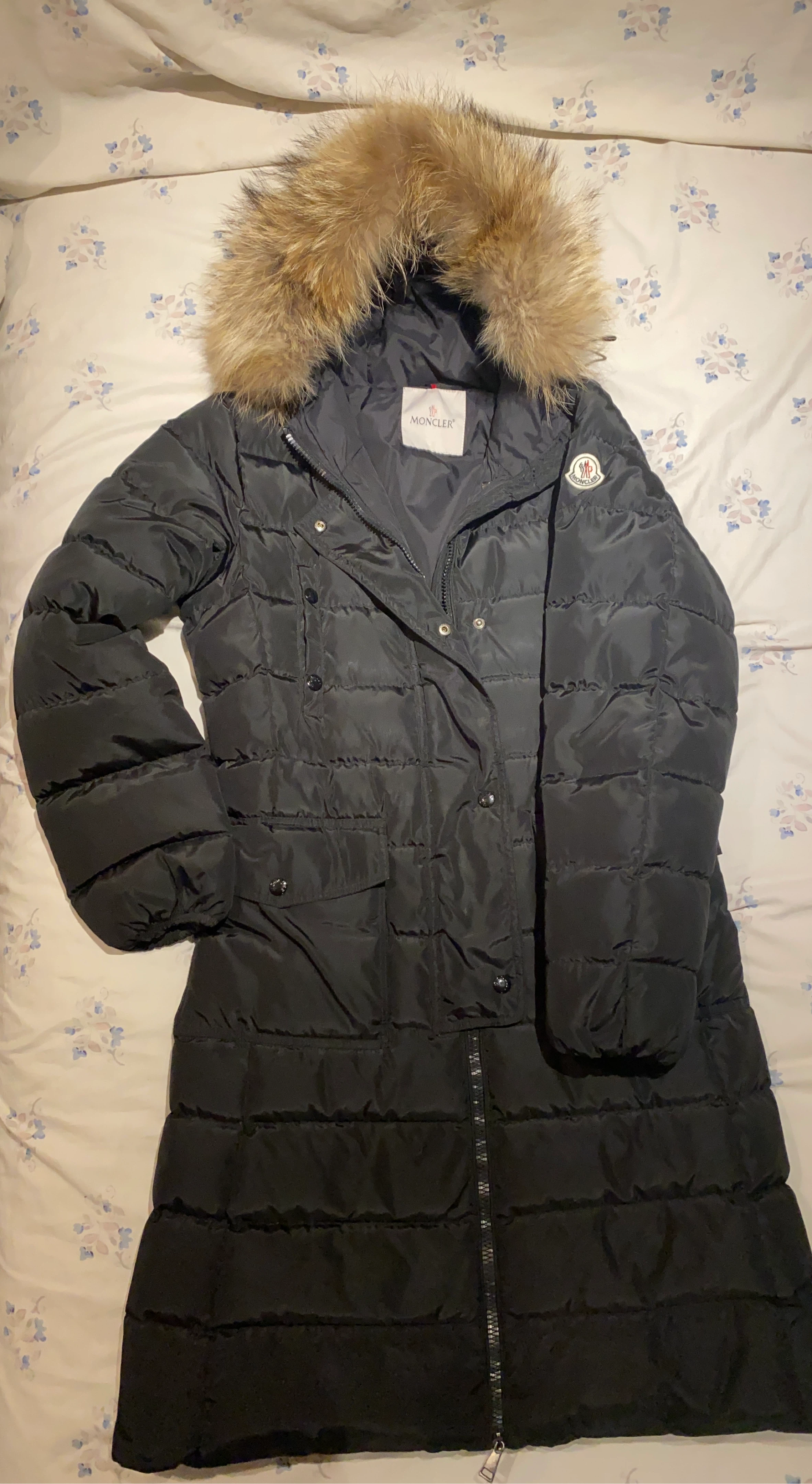 Moncler Black Down Puffer Coat with Fur Hood