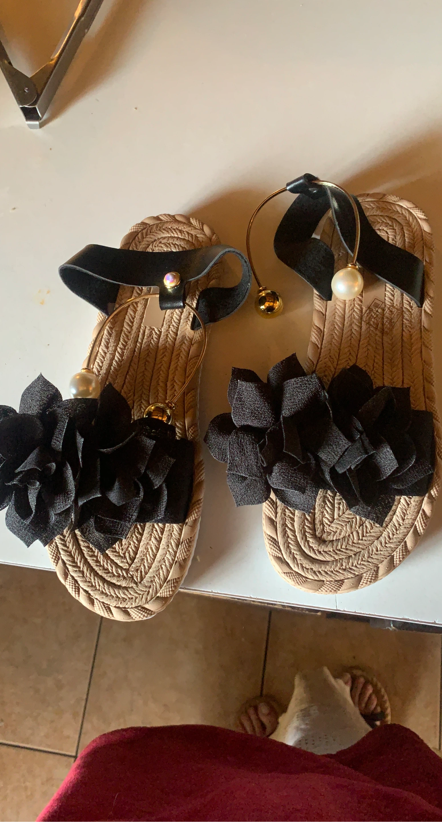 Women's Black Floral Sandals with Pearl Embellishments