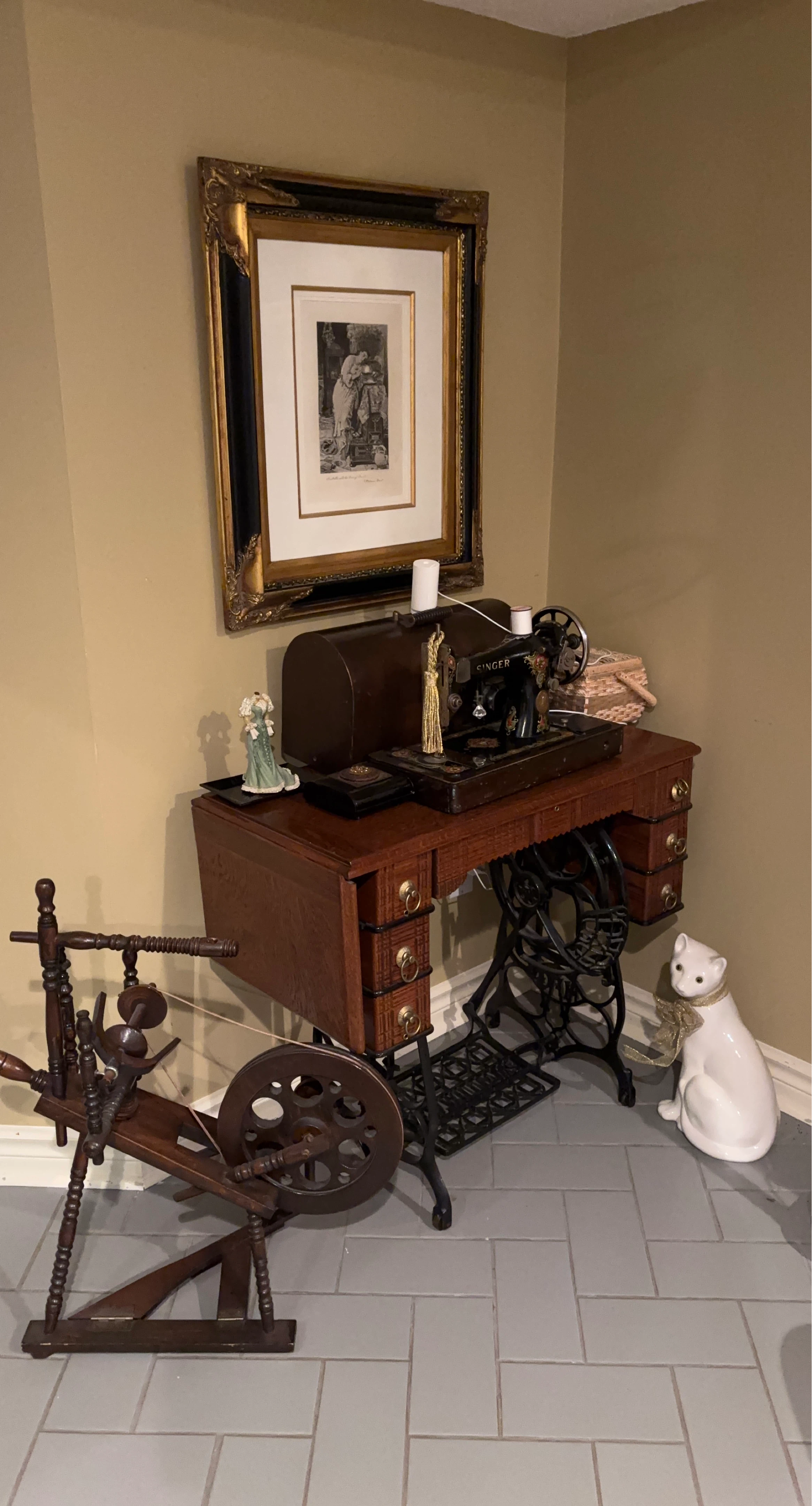 Vintage Singer Sewing Machine with Table and Spinning Wheel