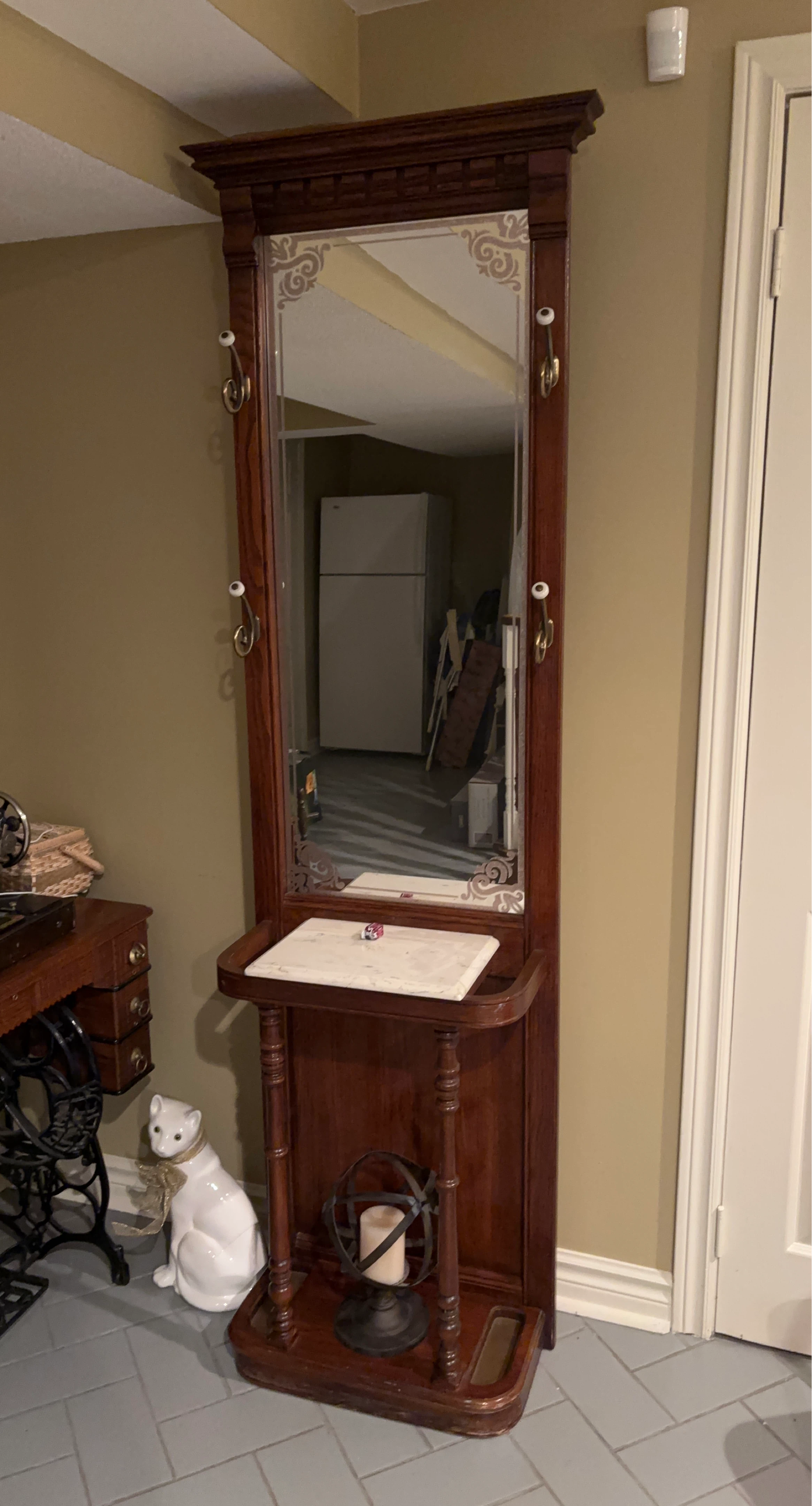 Antique Hall Tree with Mirror and Hooks