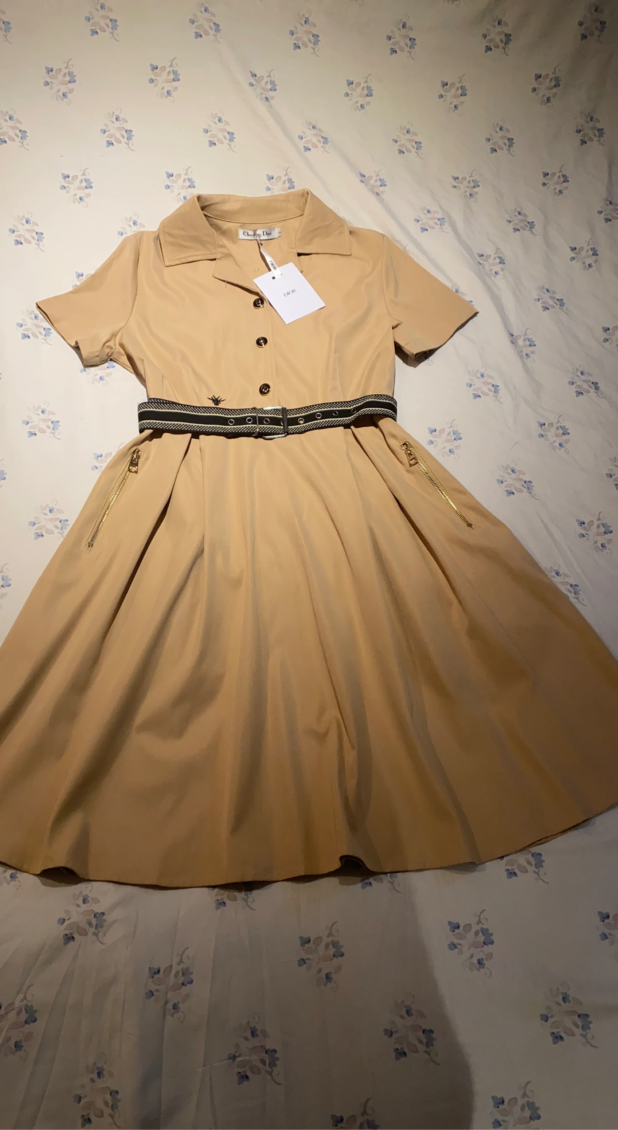 Christian Dior Tan Button-Up Shirt Dress with Bee Detail Belt