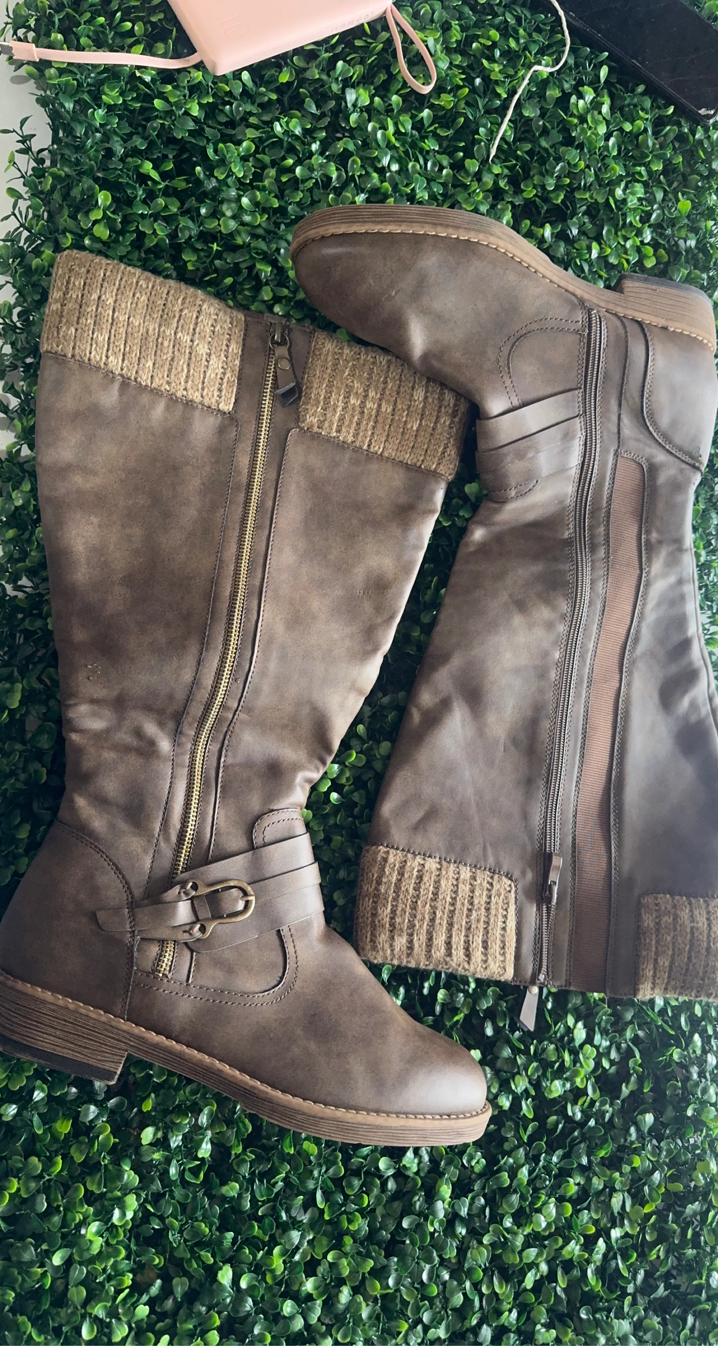 Women's Brown Knee-High Boots with Knit Cuffs