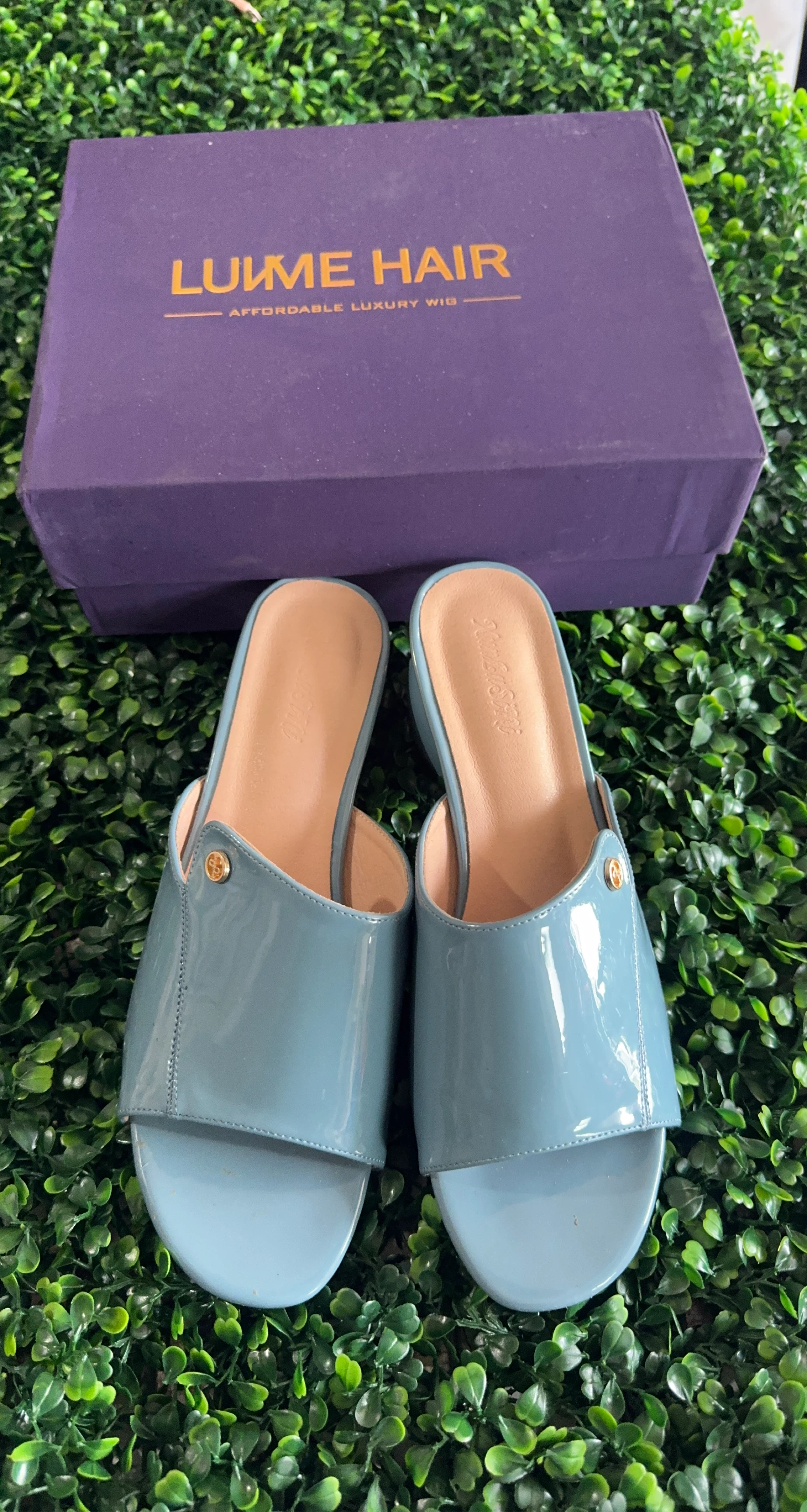 Light Blue Patent Mules with Block Heel