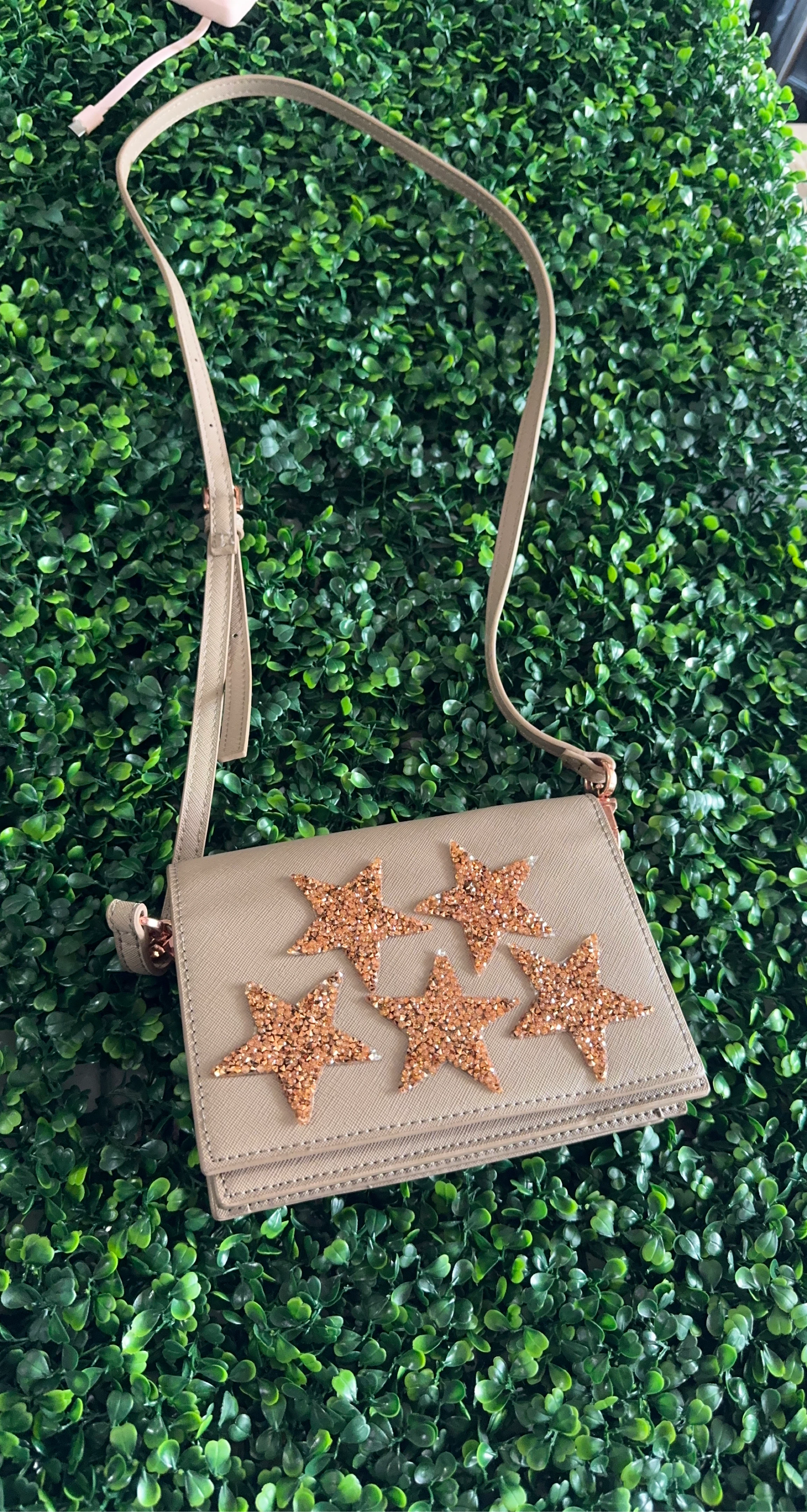 Tan Crossbody Purse with Glitter Stars