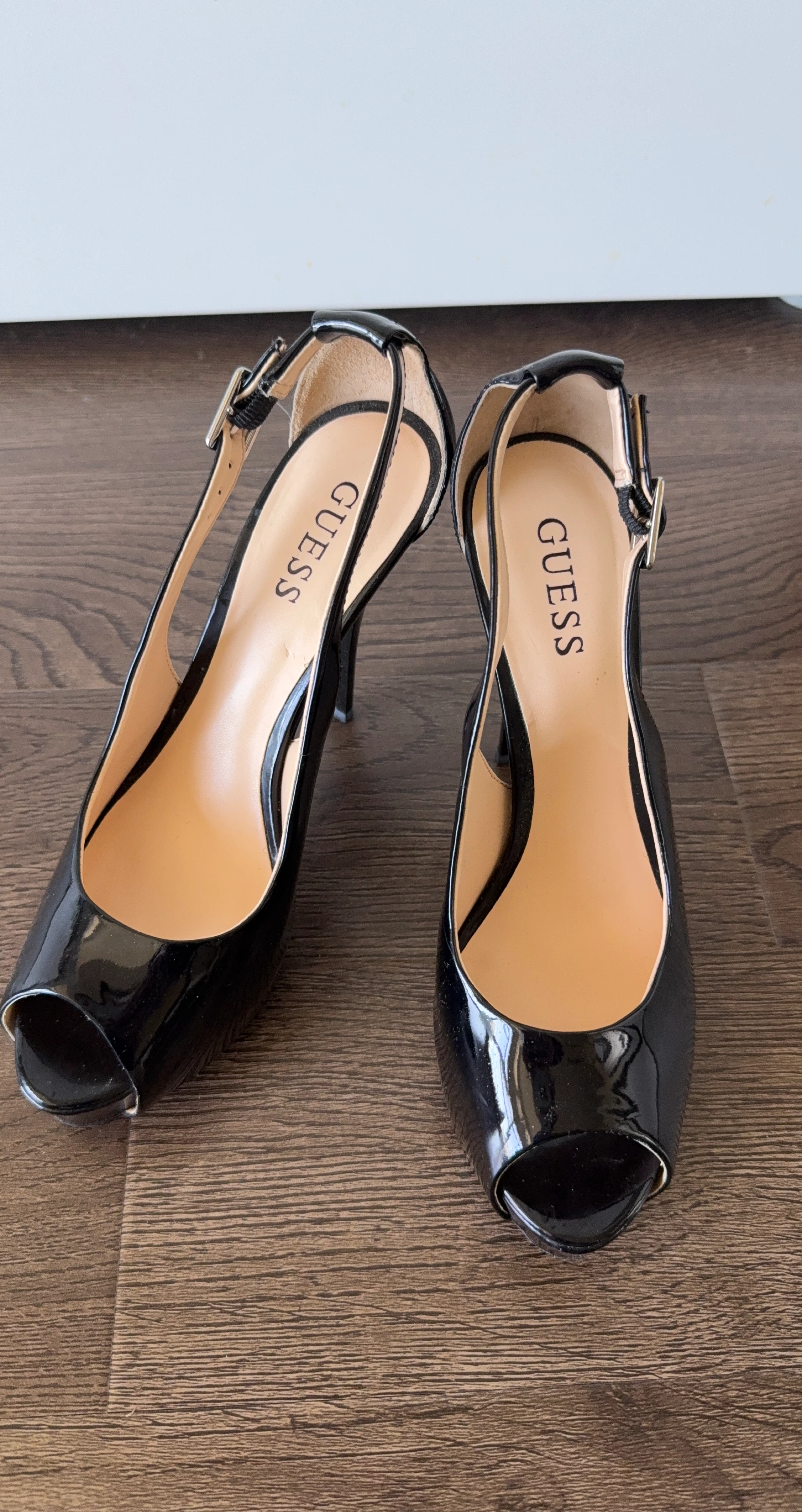 Guess Black Patent Slingback Peep Toe Heels