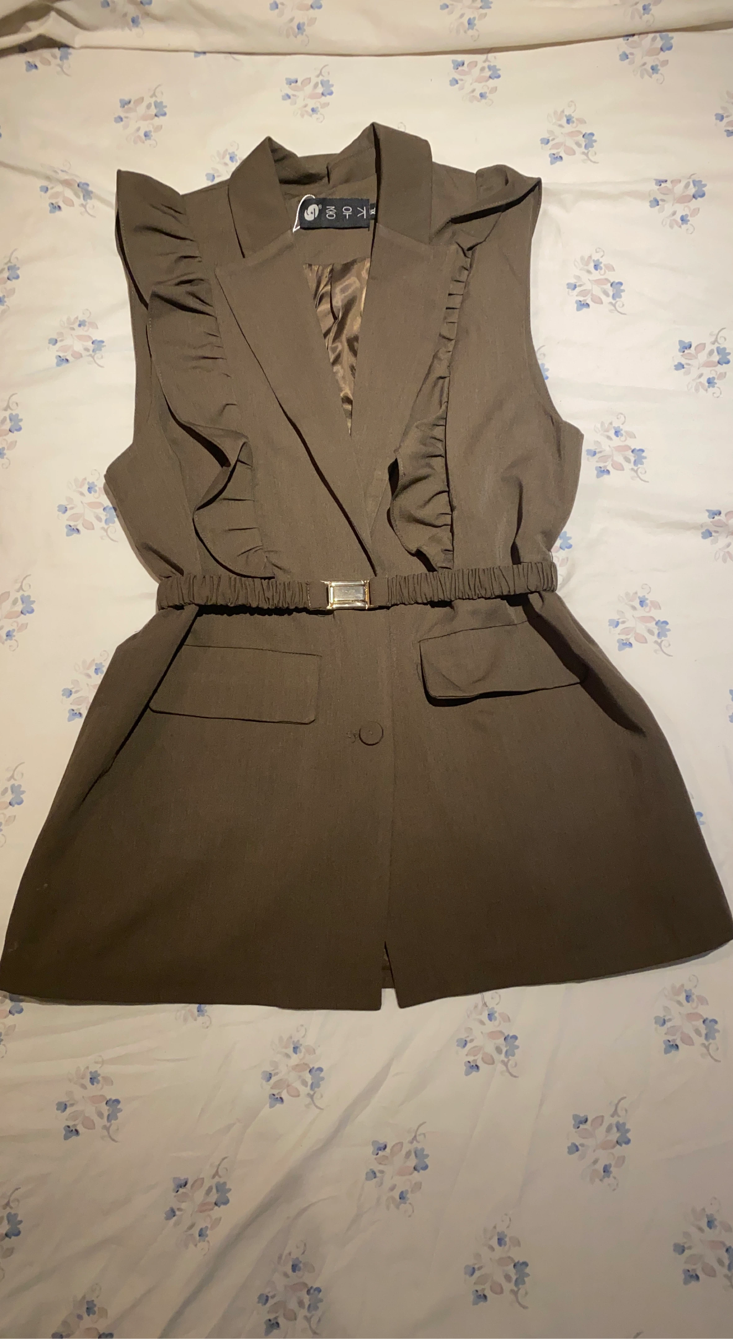 Brown Sleeveless Blazer with Ruffle Detail and Belt