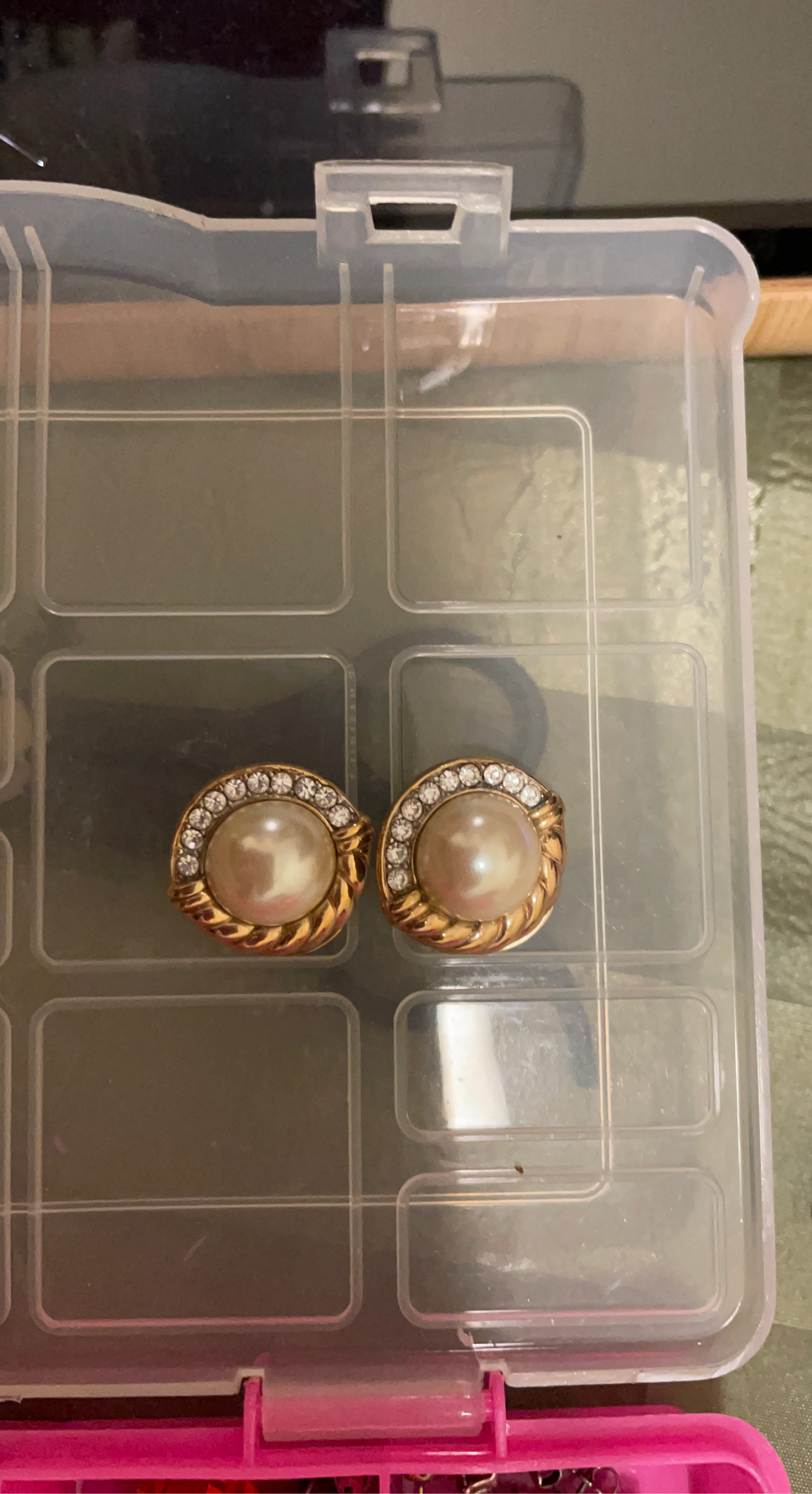Gold Tone Pearl and Crystal Earrings