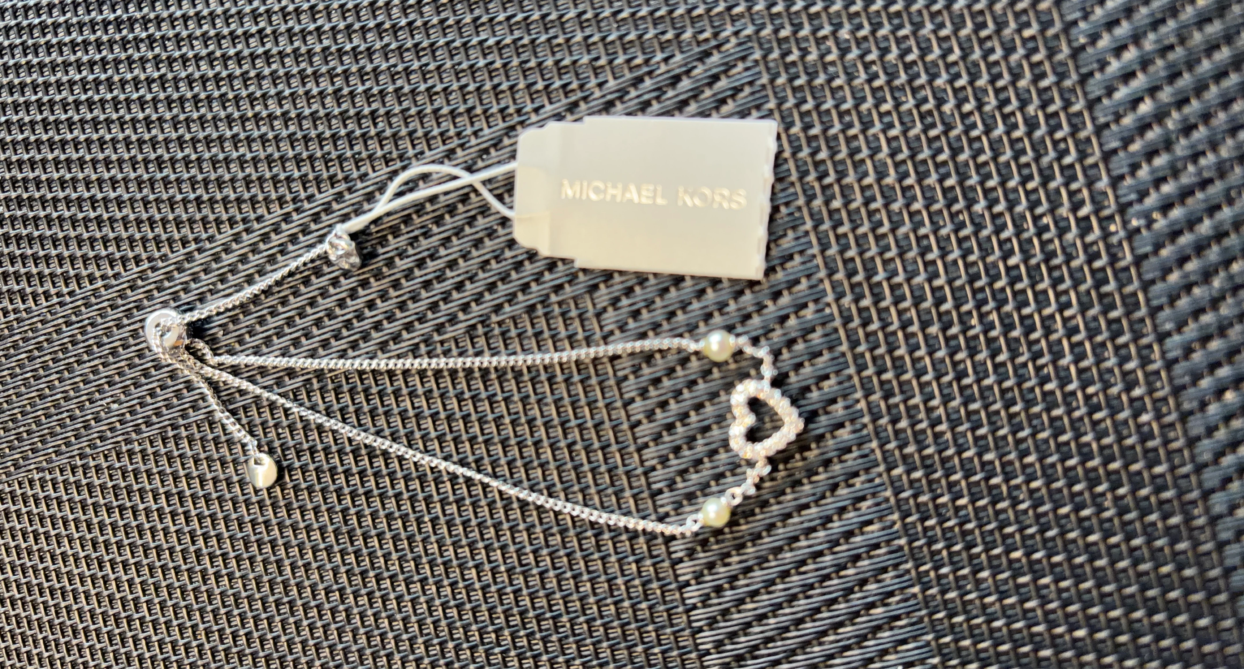 Michael Kors Heart & Pearl Bolo Bracelet Silver Tone