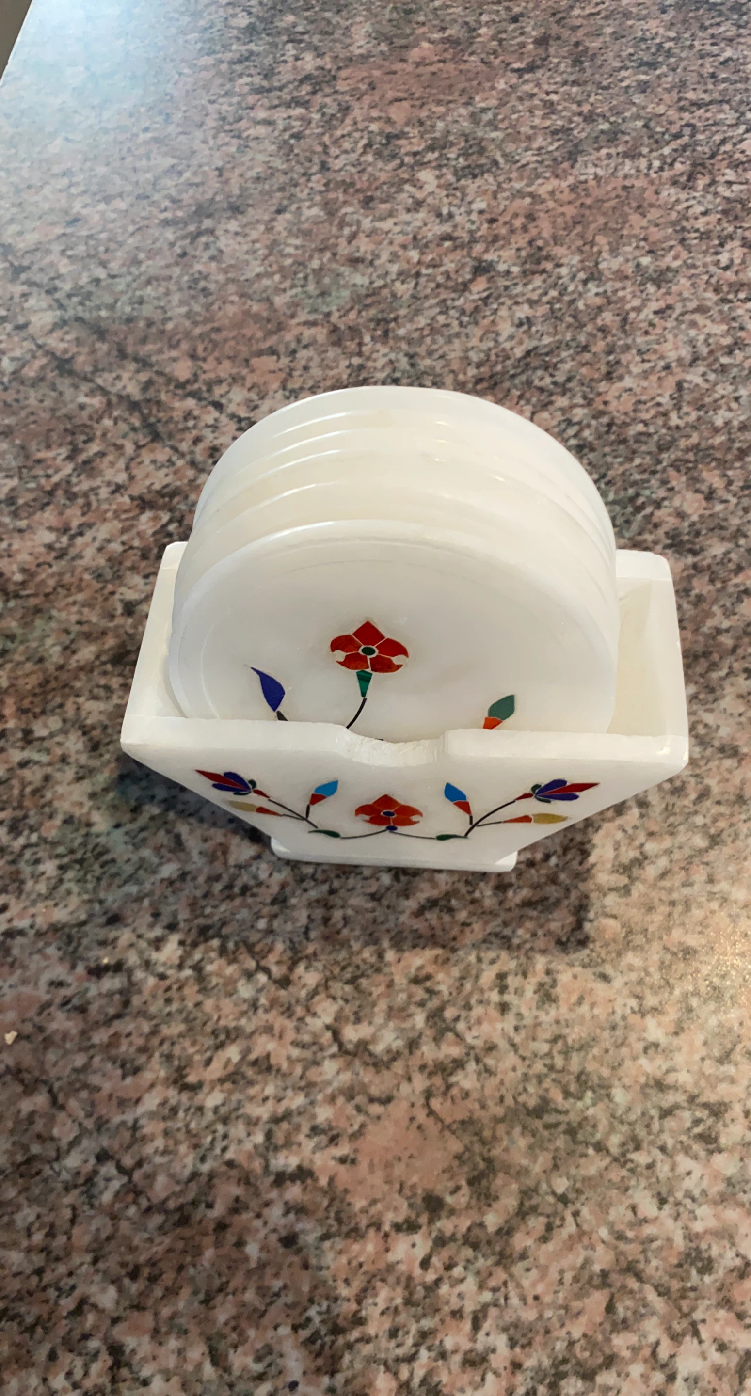 Set of 6 White Marble Coasters with Floral Inlay