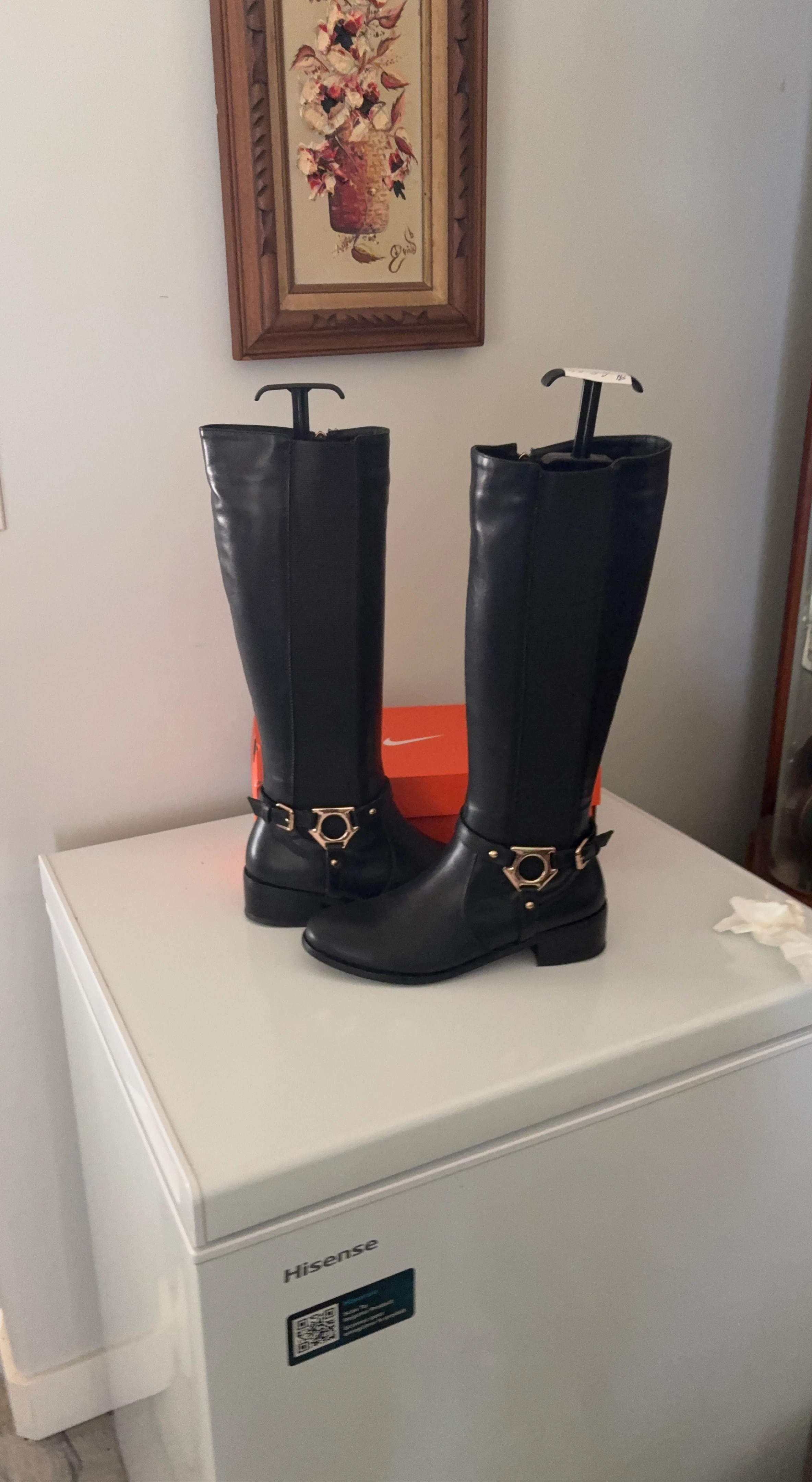 Black Leather Riding Boots with Gold Buckle Detail