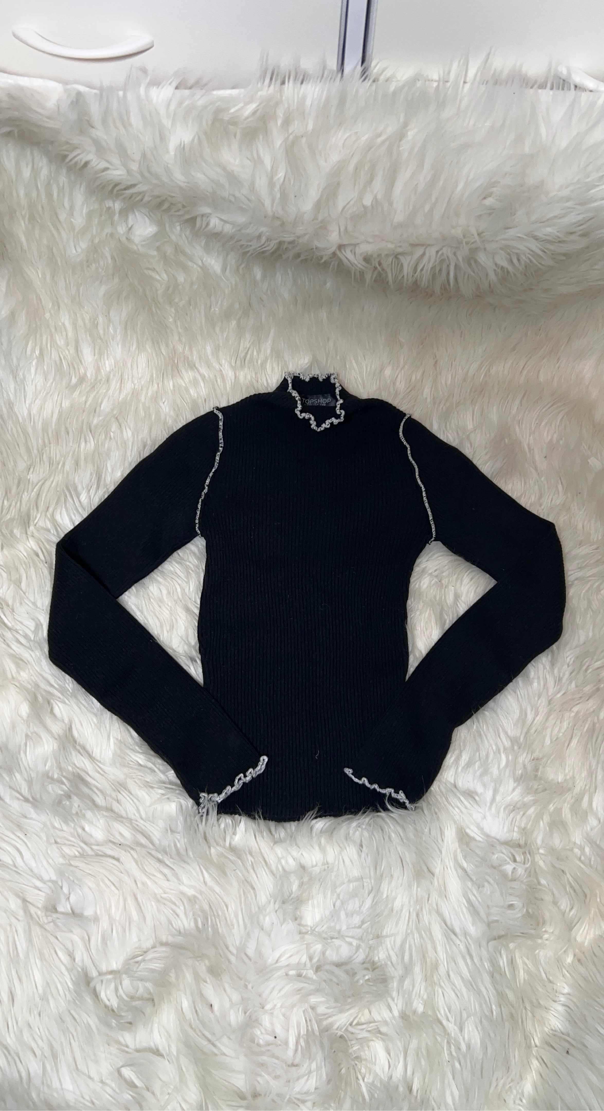 Topshop Black Ribbed Lettuce Hem Long Sleeve Top