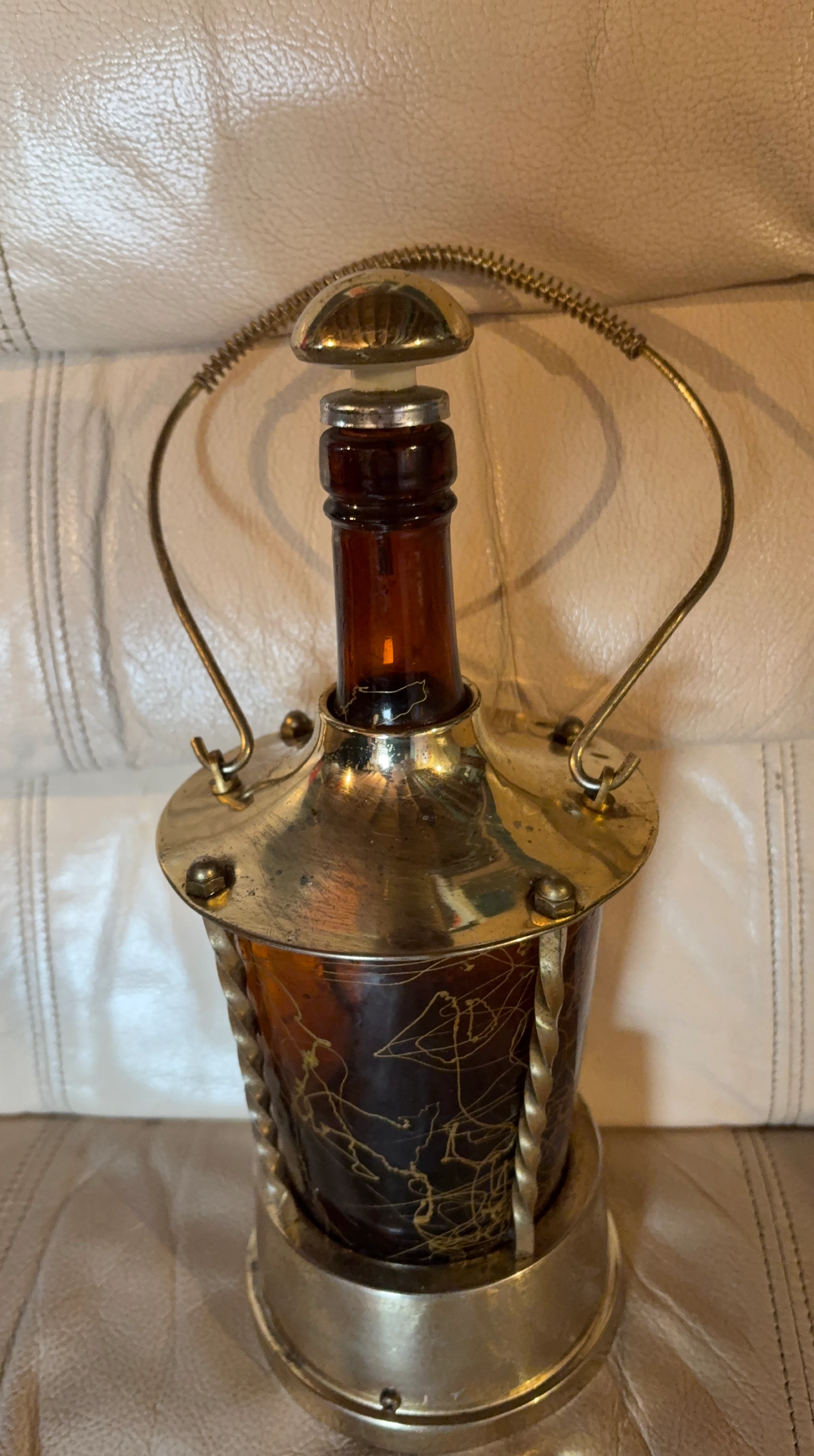 Vintage Amber Glass Decanter with Brass Accents