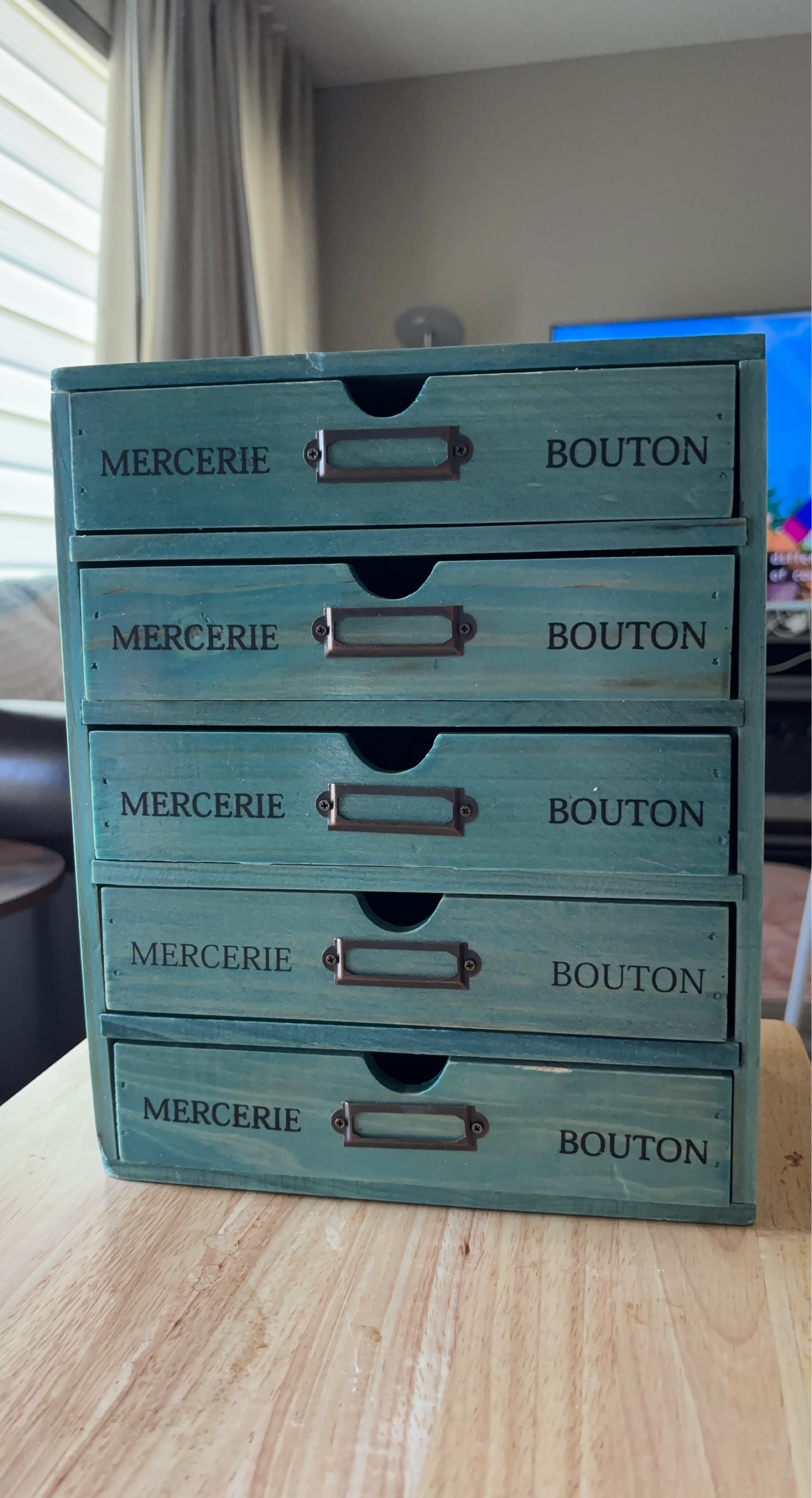 Teal Wooden "Mercerie Bouton" 5 Drawer Unit