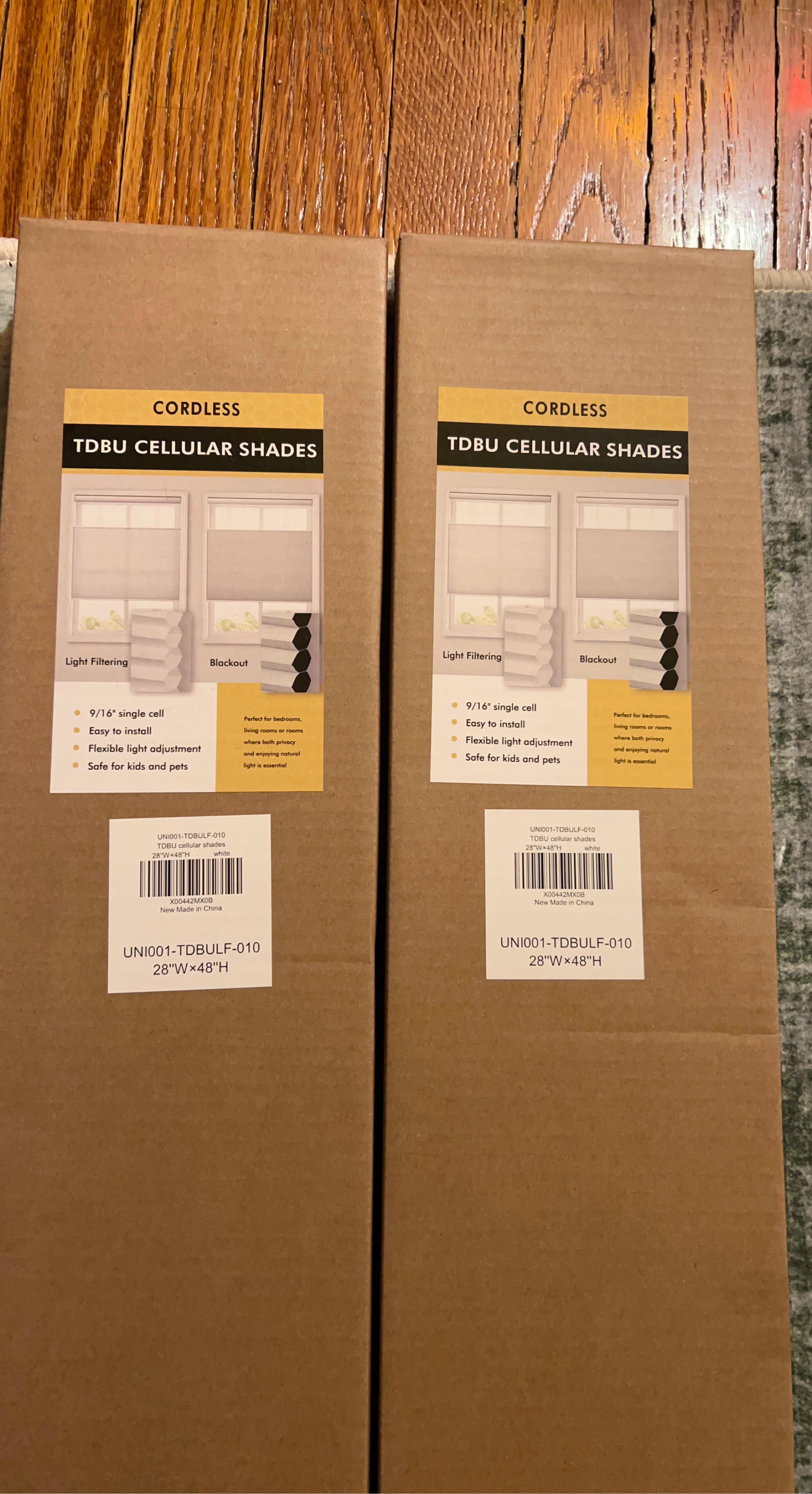 Cordless TDBU Cellular Shades 28"W x 48"H - White