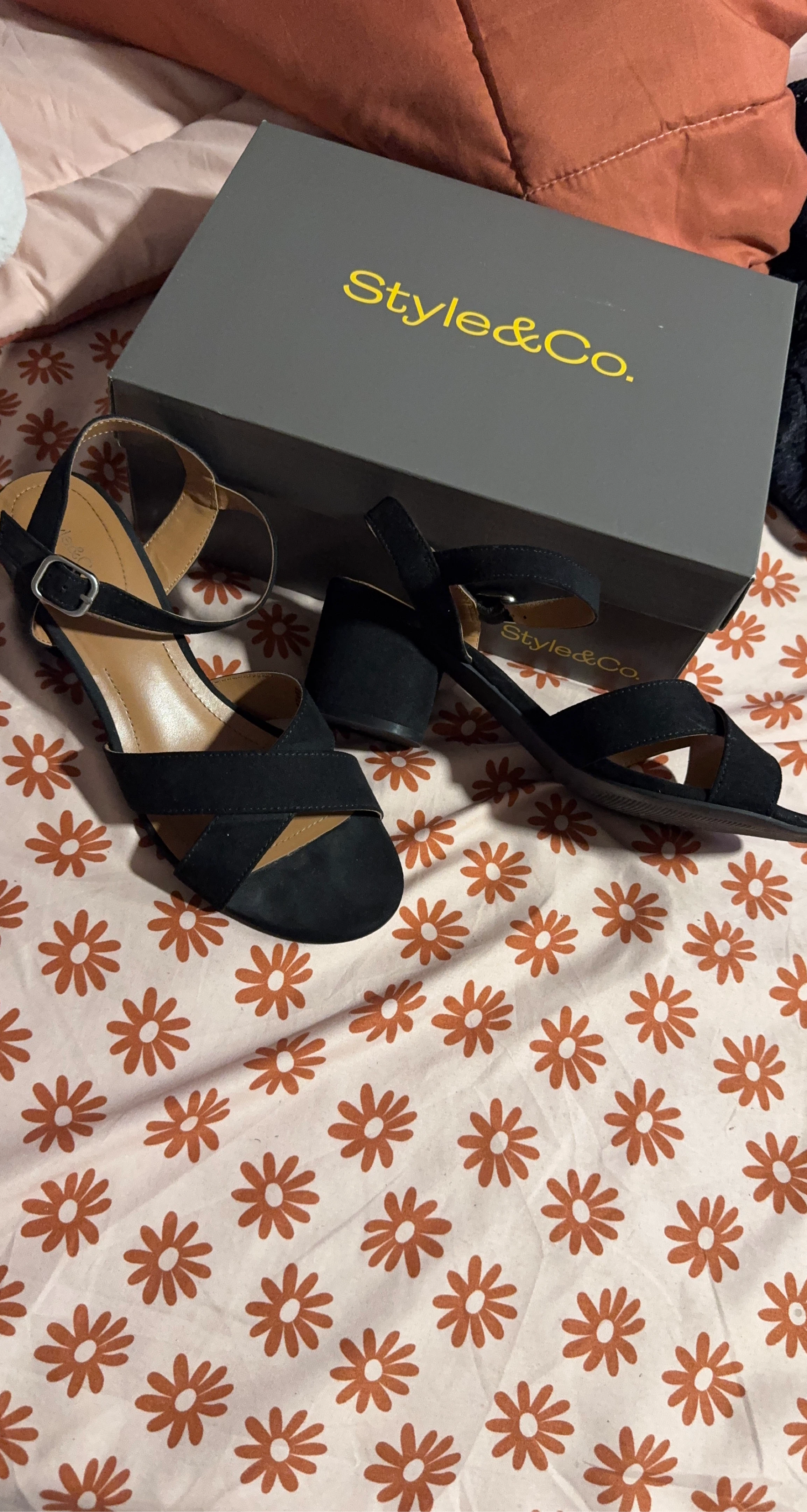 Style & Co Black Suede Block Heel Sandals with Box