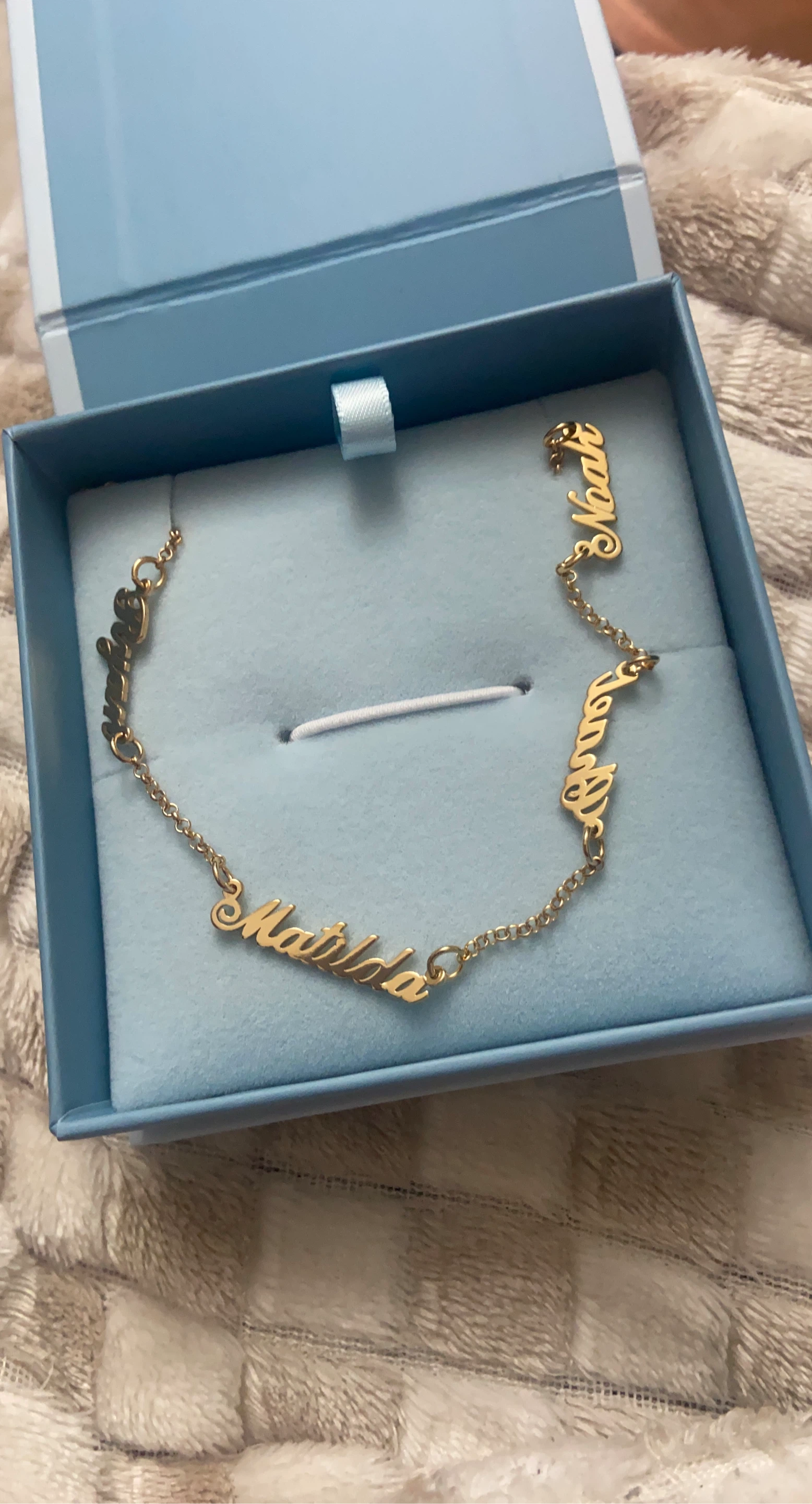 Gold Name Bracelet with Matilda, Anya, and Noah