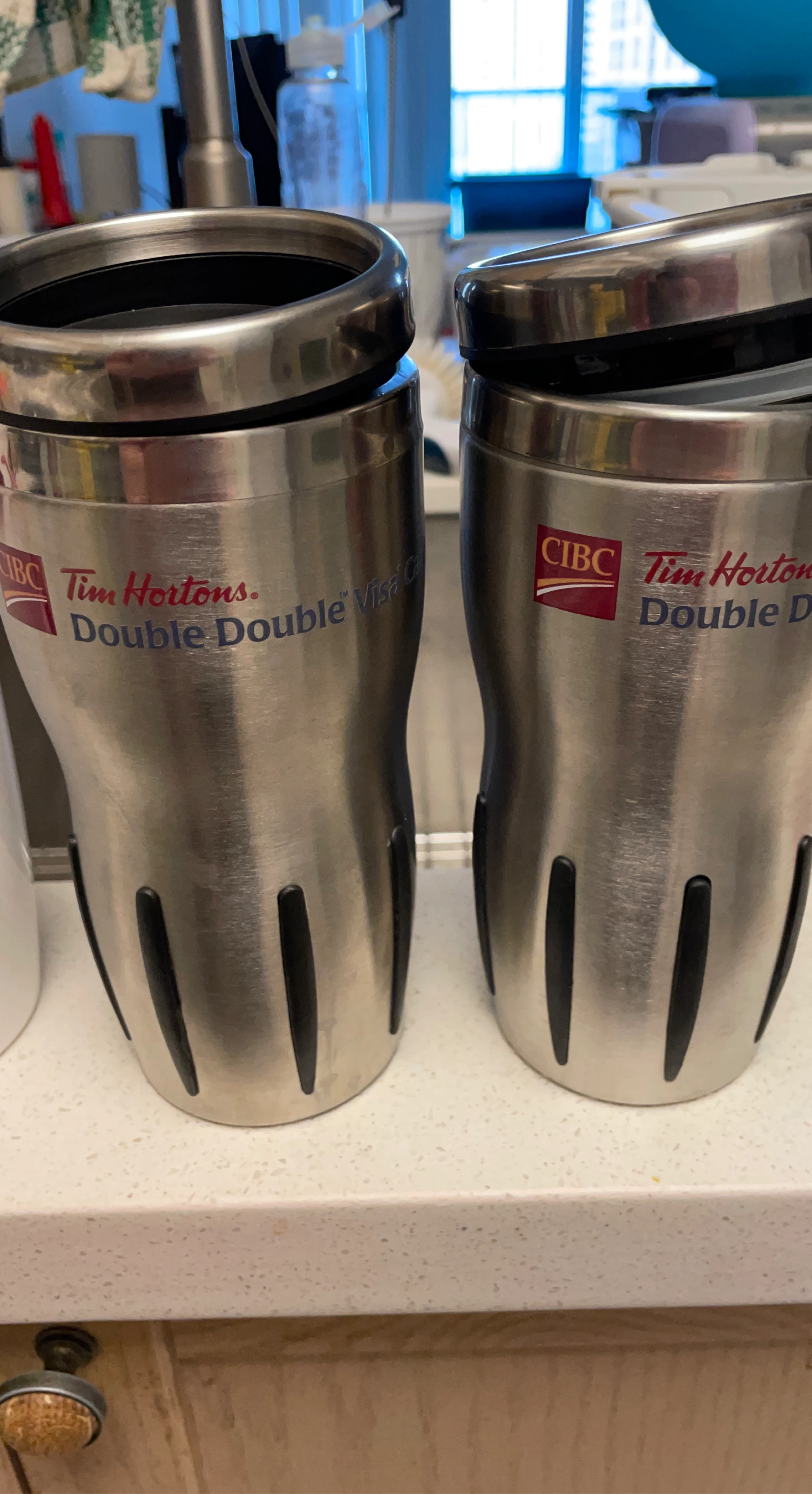 Tim Hortons Double Double Travel Mugs and CIBC Tumbler Set
