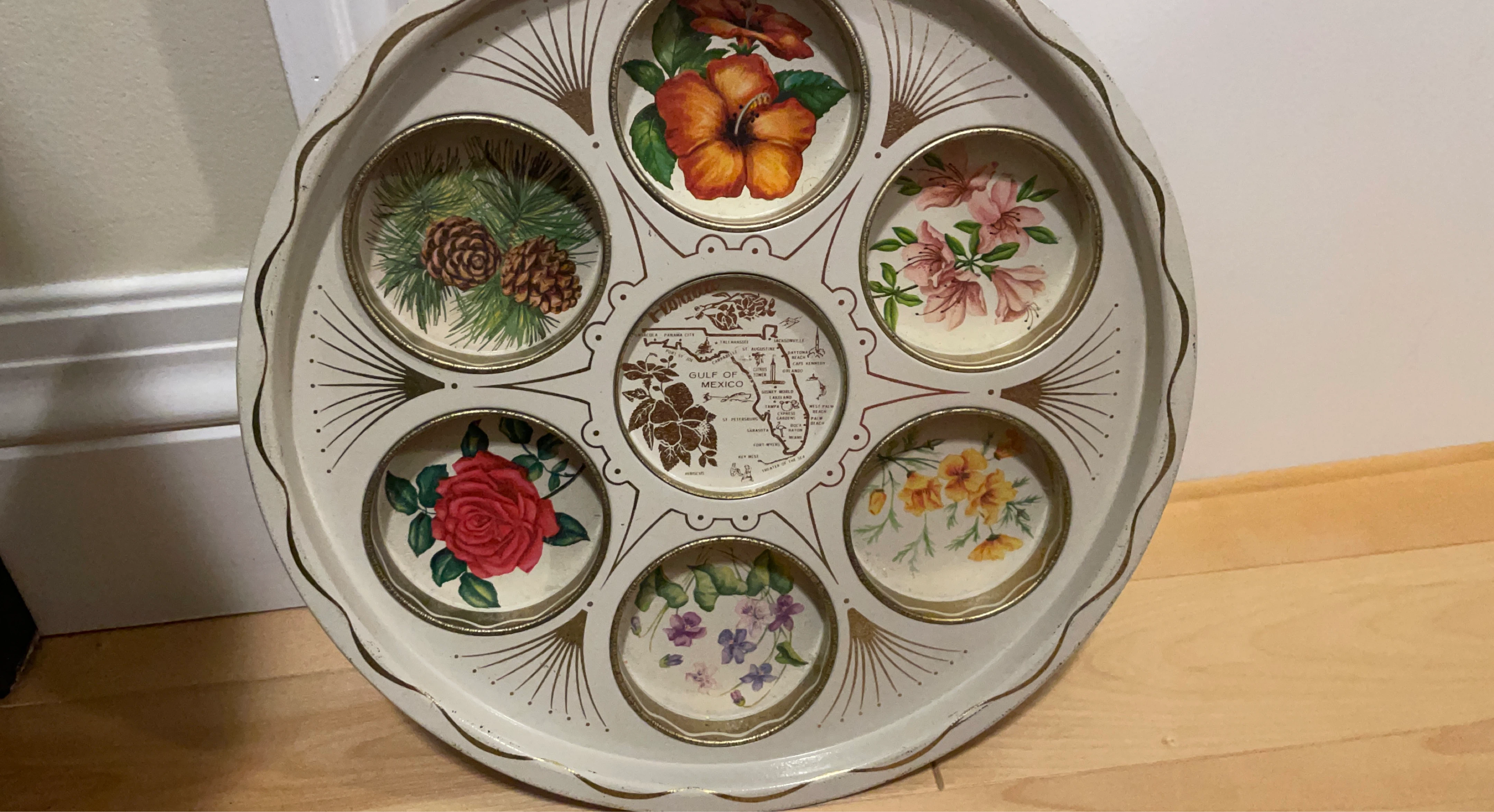 Vintage Decorative Tray with Floral and Map Designs