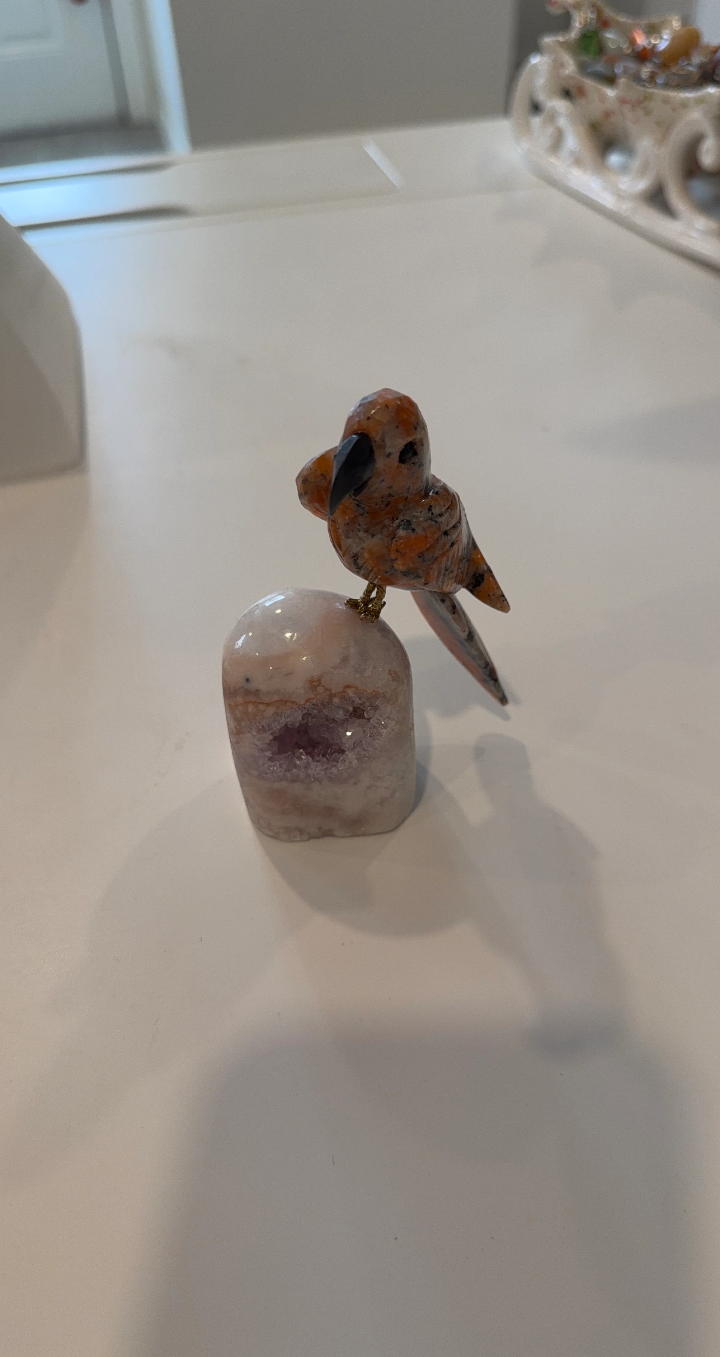 Pink Amerhyst and Orange Calcite Carved Stone Bird on Geode Base