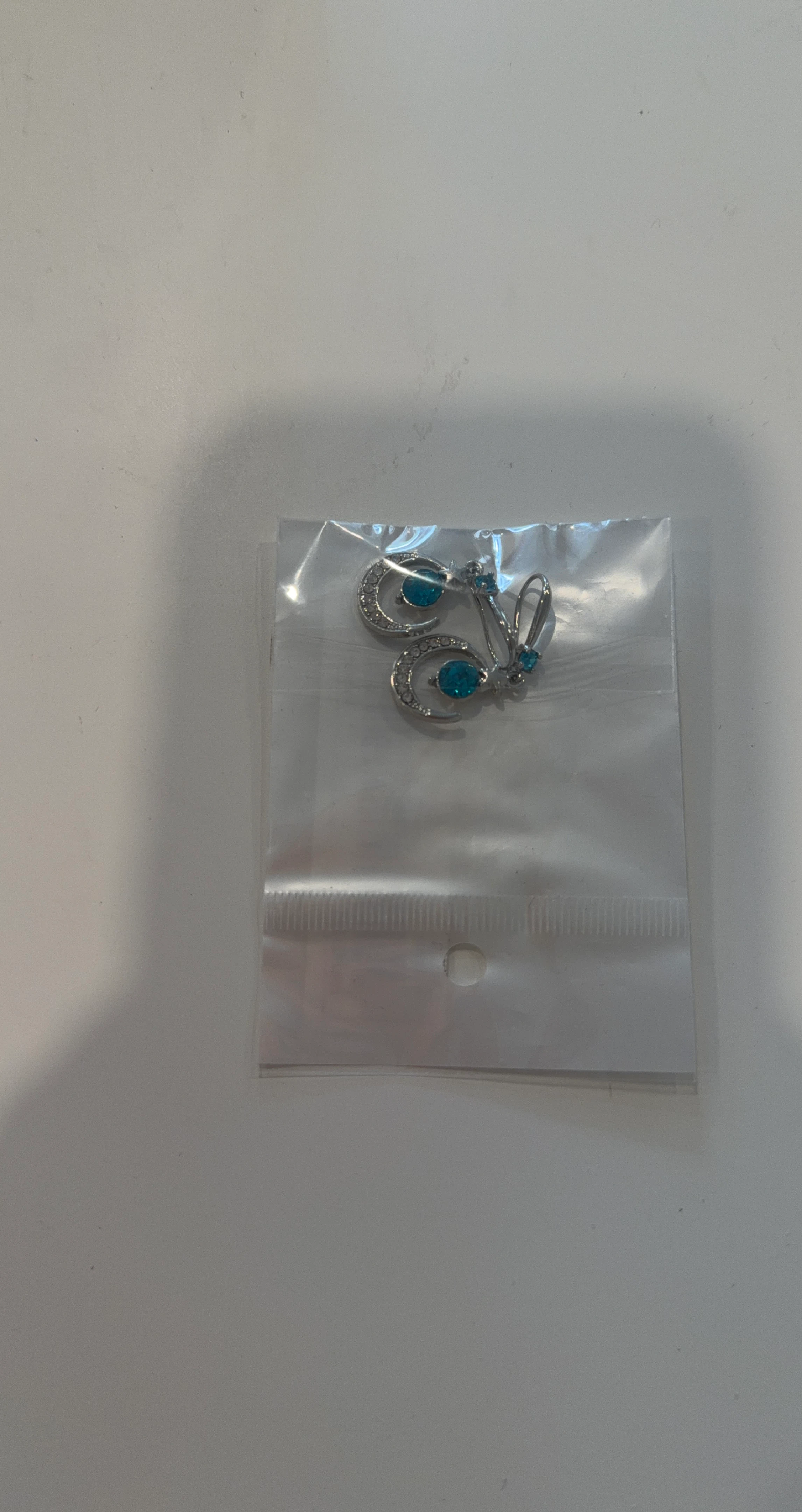 Silver Tone Moon Drop Earrings with Blue Stones