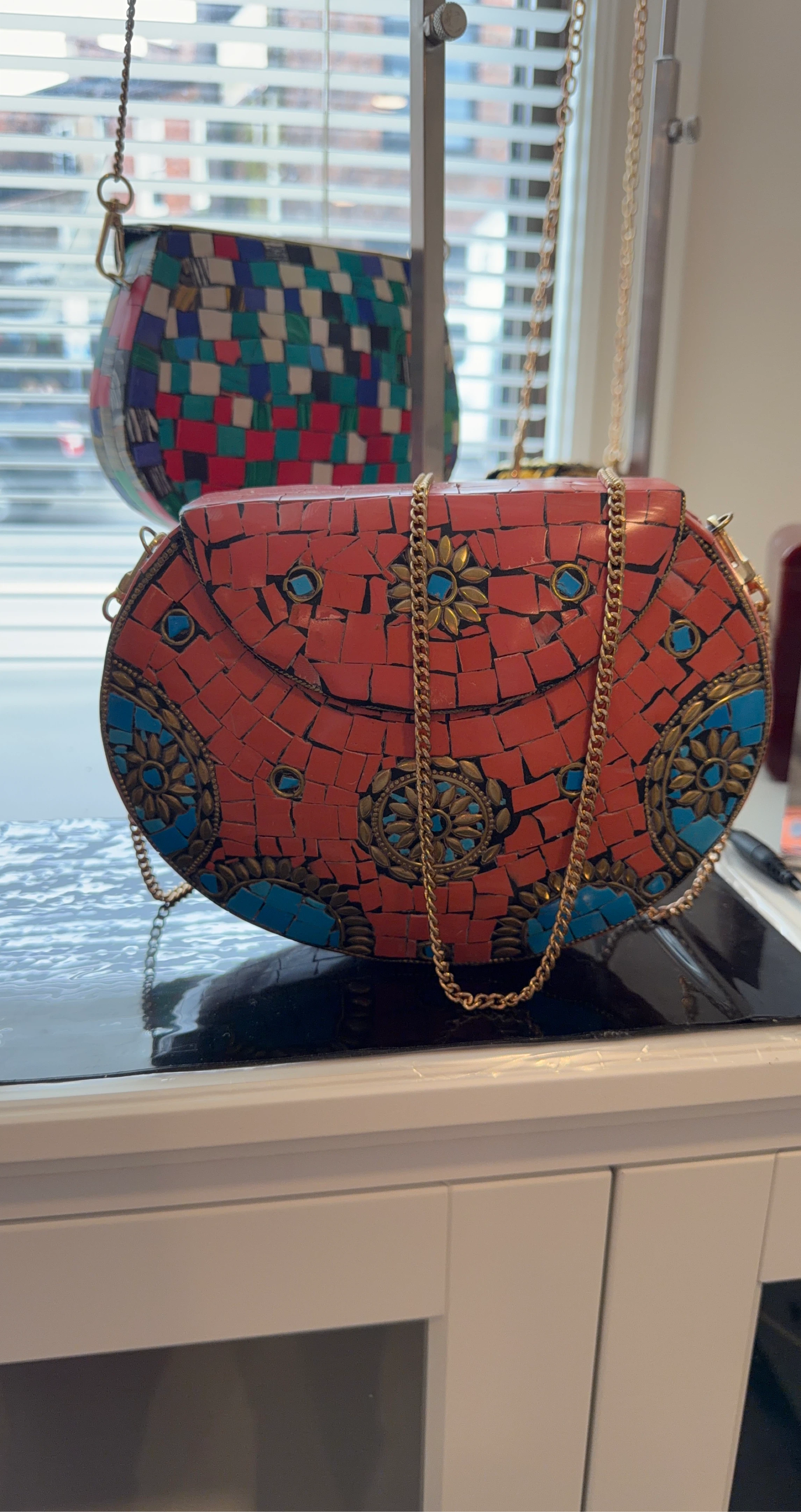 RAMLA Coral and Turquoise Mosaic Clutch with Gold Chain