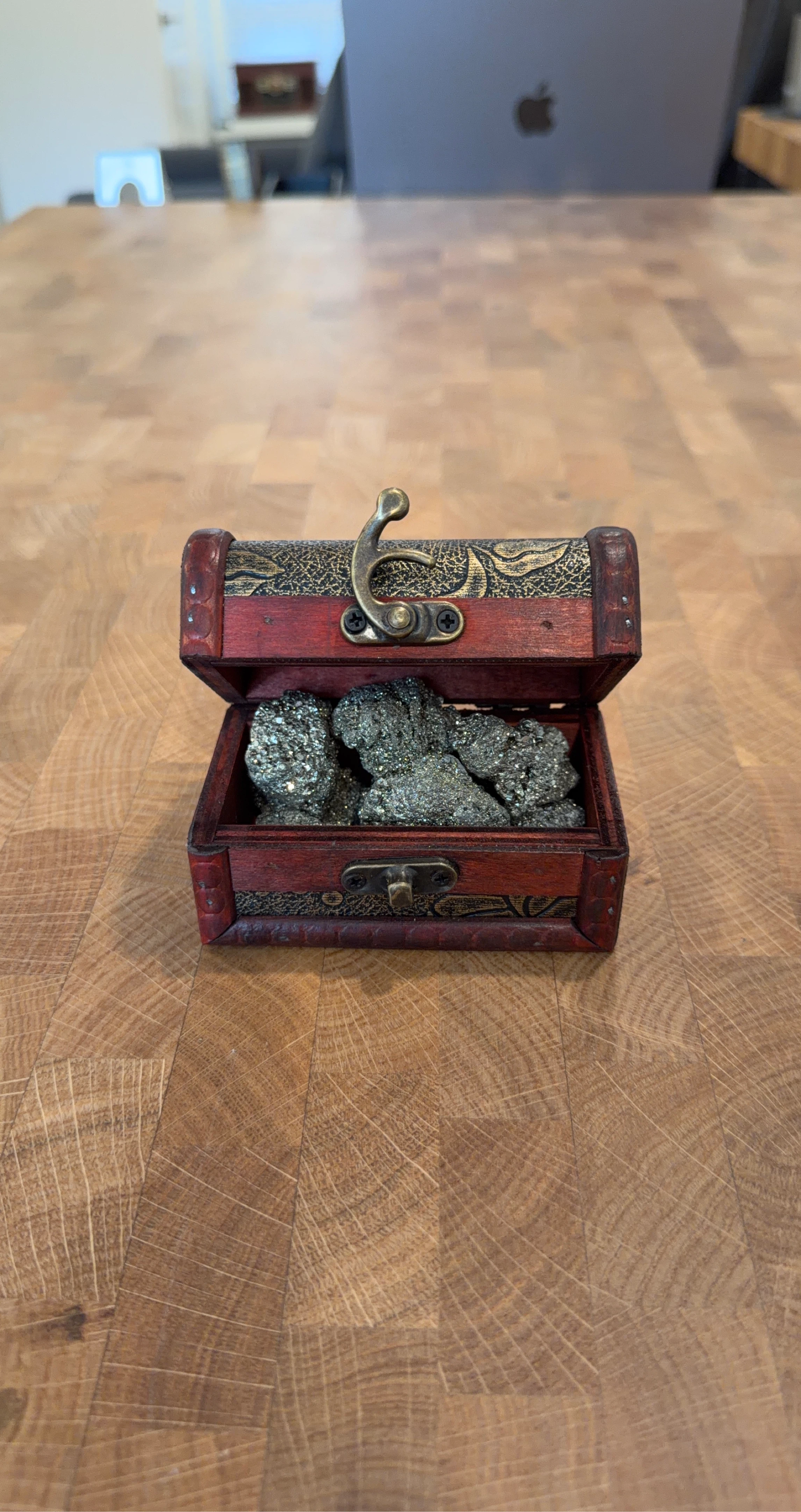 Wooden Treasure Chest with Pyrite Rocks