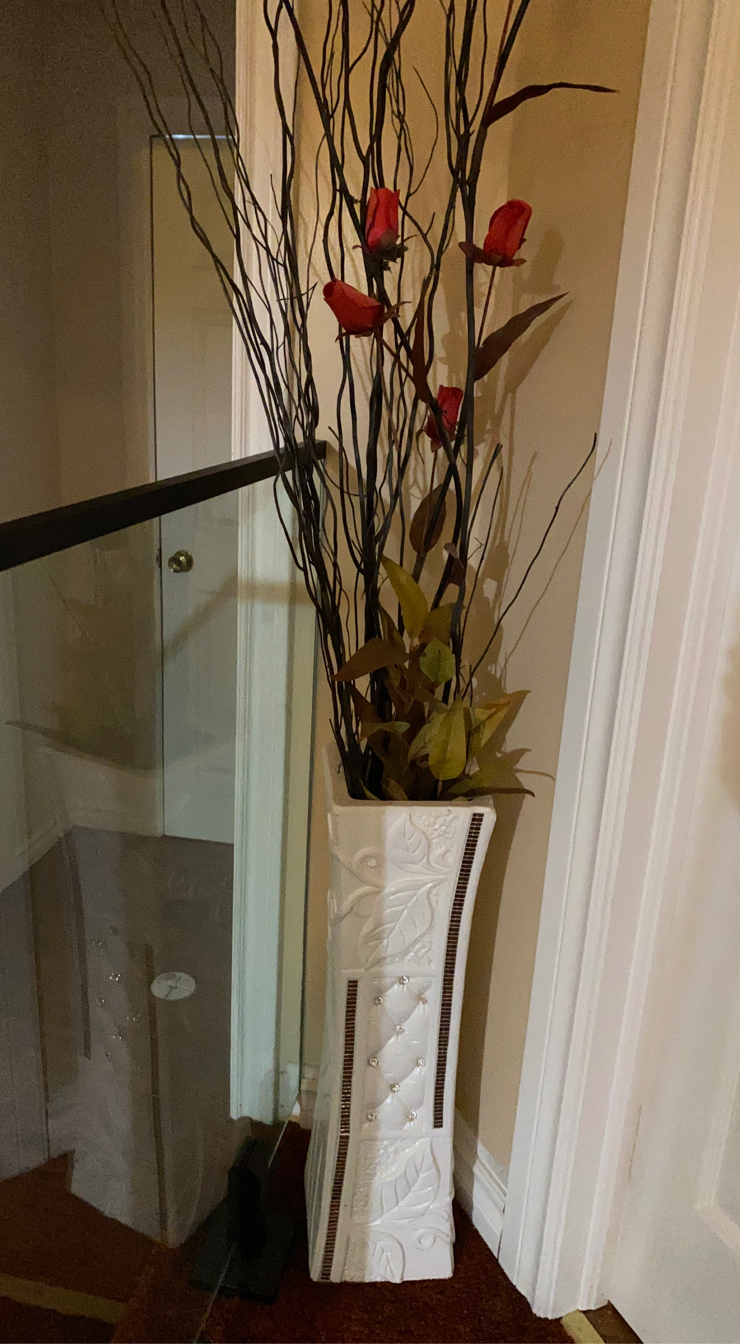 White Decorative Vase with Faux Branches and Red Roses