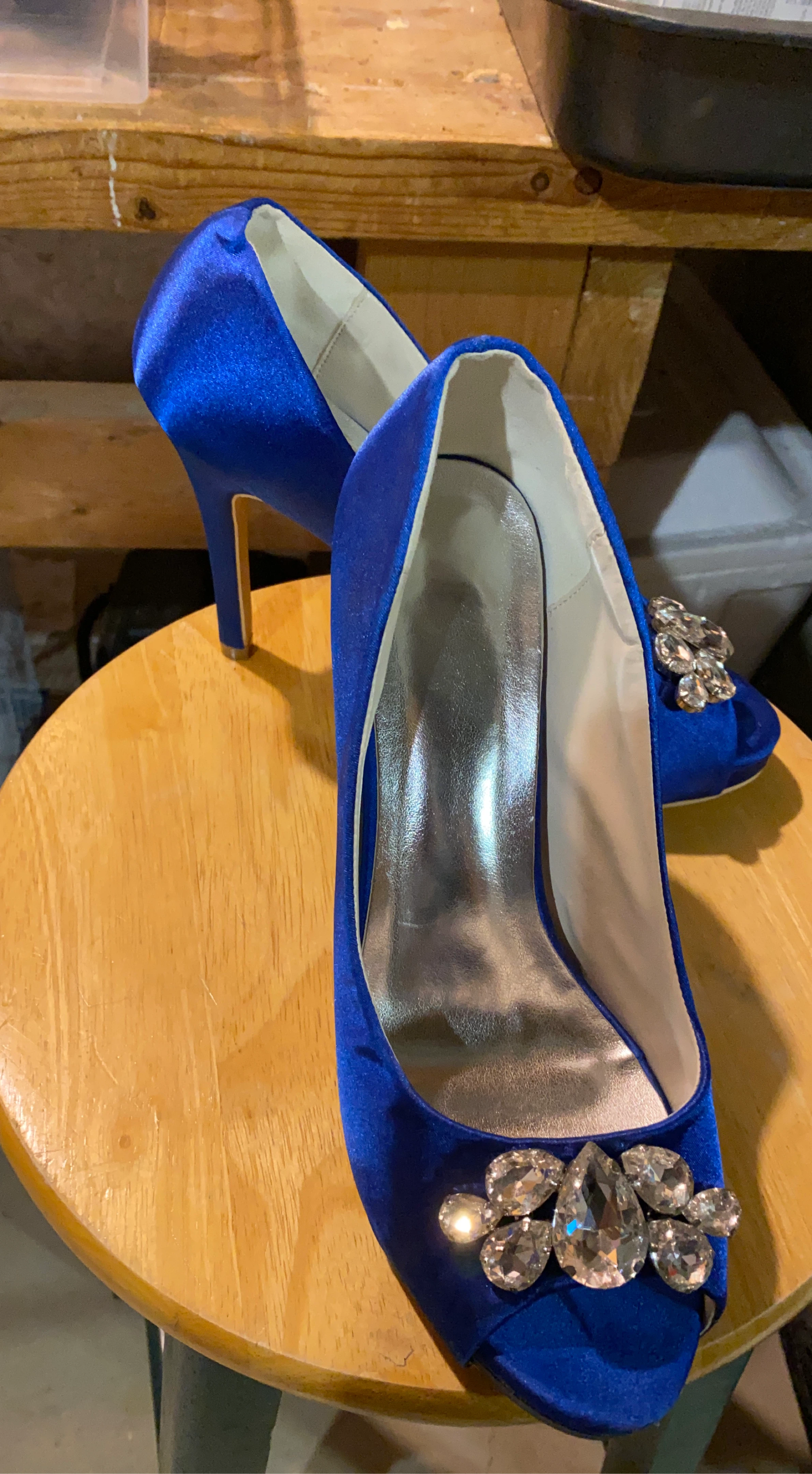 Blue Satin Peep-Toe Heels with Crystal Embellishment