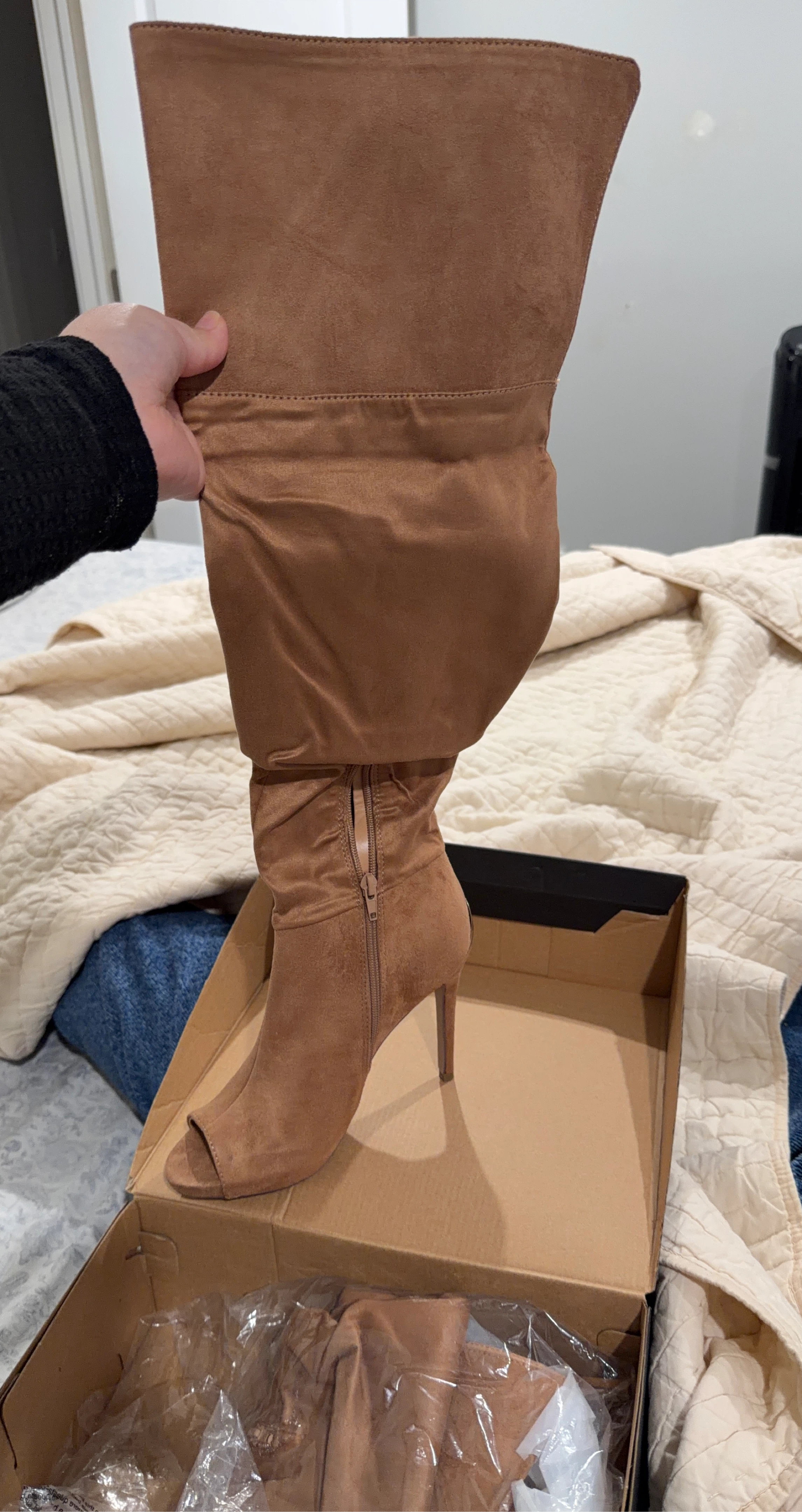 Brown Suede Peep-Toe Over-the-Knee Boots