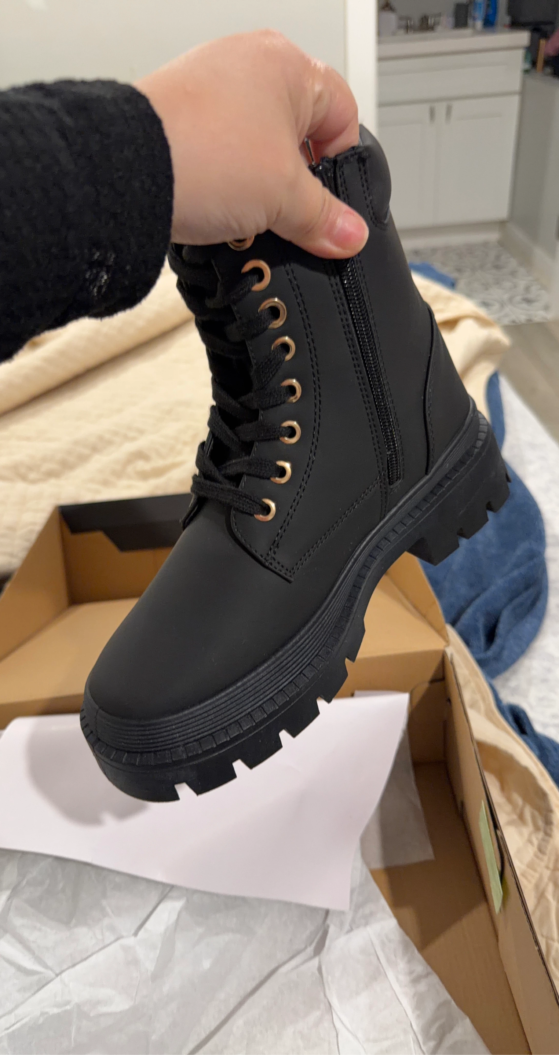 Black Lace-Up Combat Boots with Side Zipper
