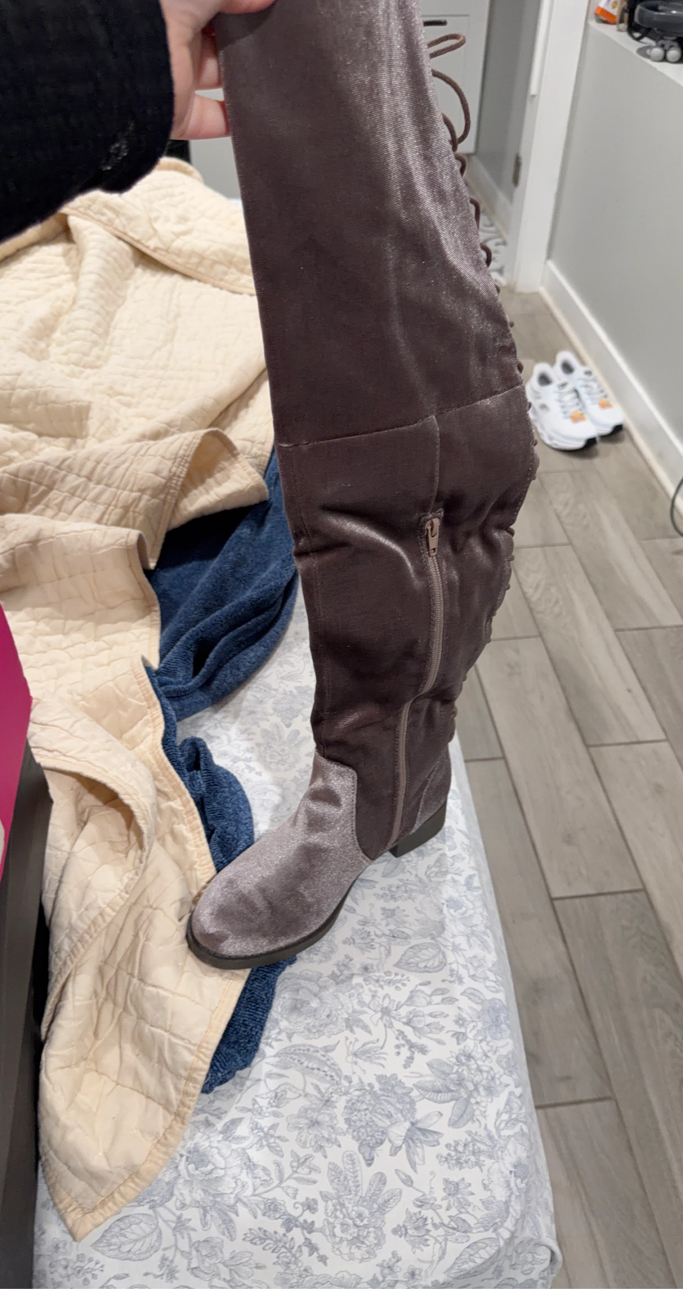 Brown Velvet Over-the-Knee Boots with Lace-Up Back