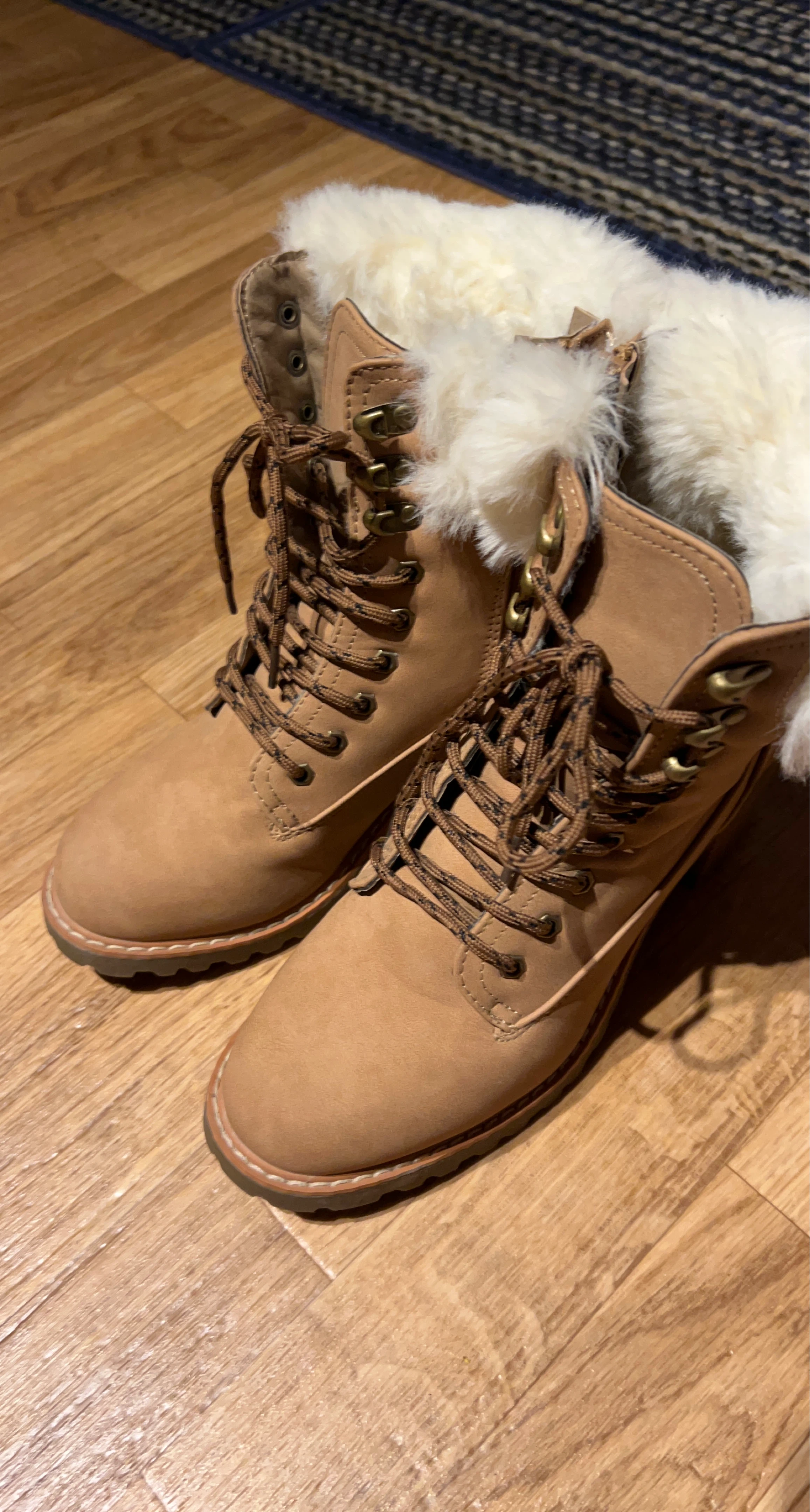 Tan Faux Suede Lace-Up Boots with Faux Fur Trim