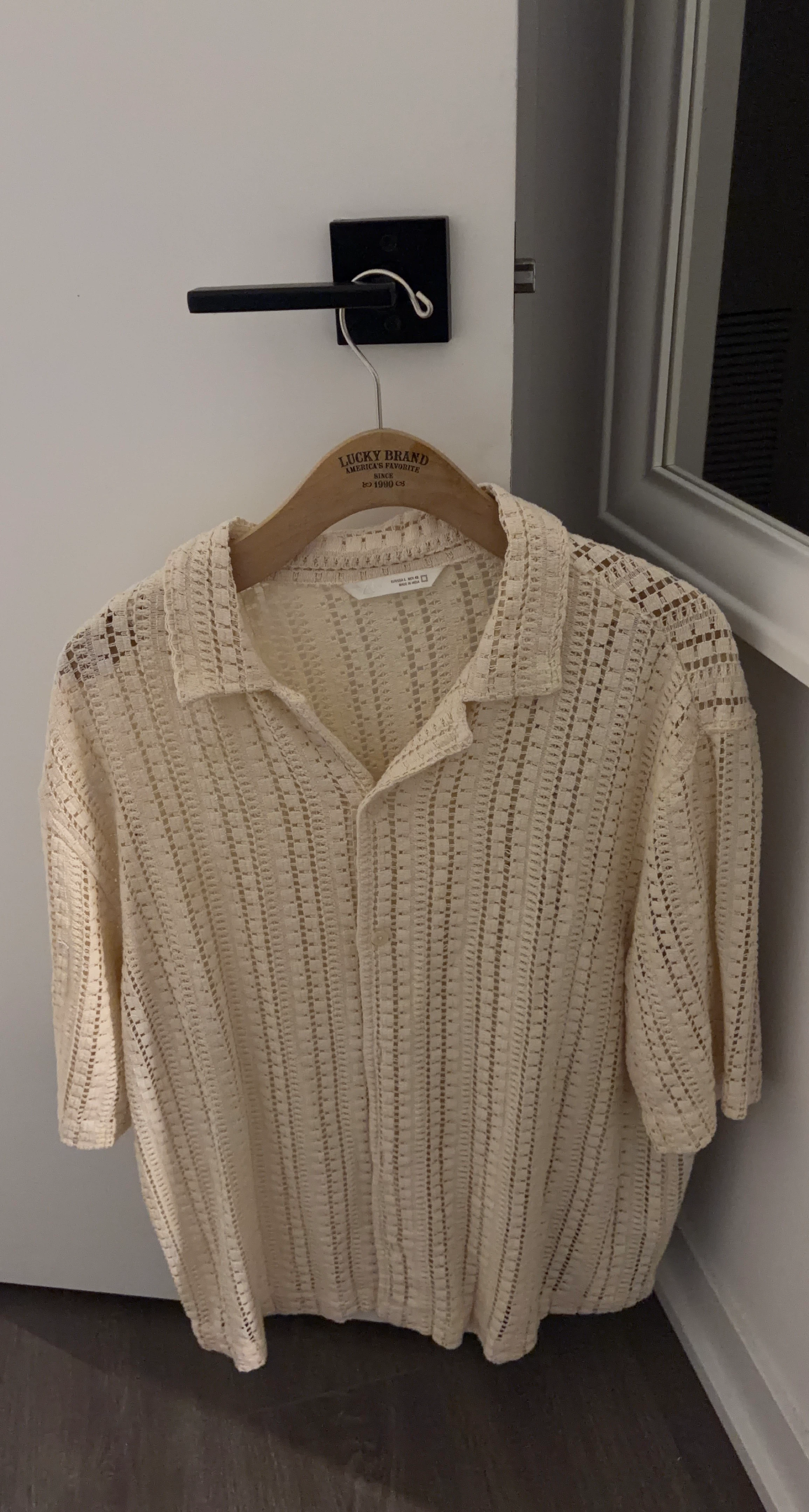 Lucky Brand Cream Crochet Collared Short Sleeve Shirt