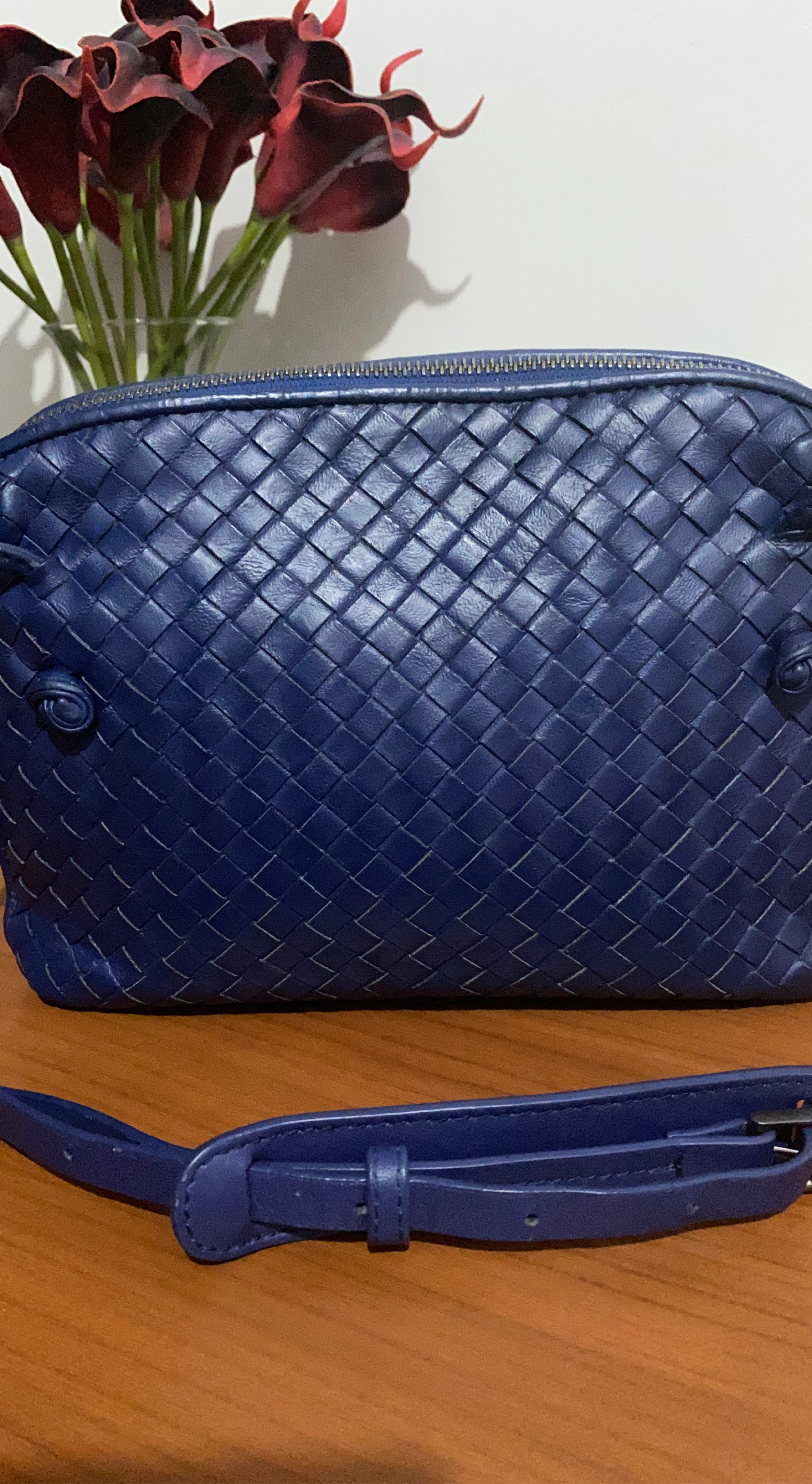Blue Woven Leather Crossbody Bag