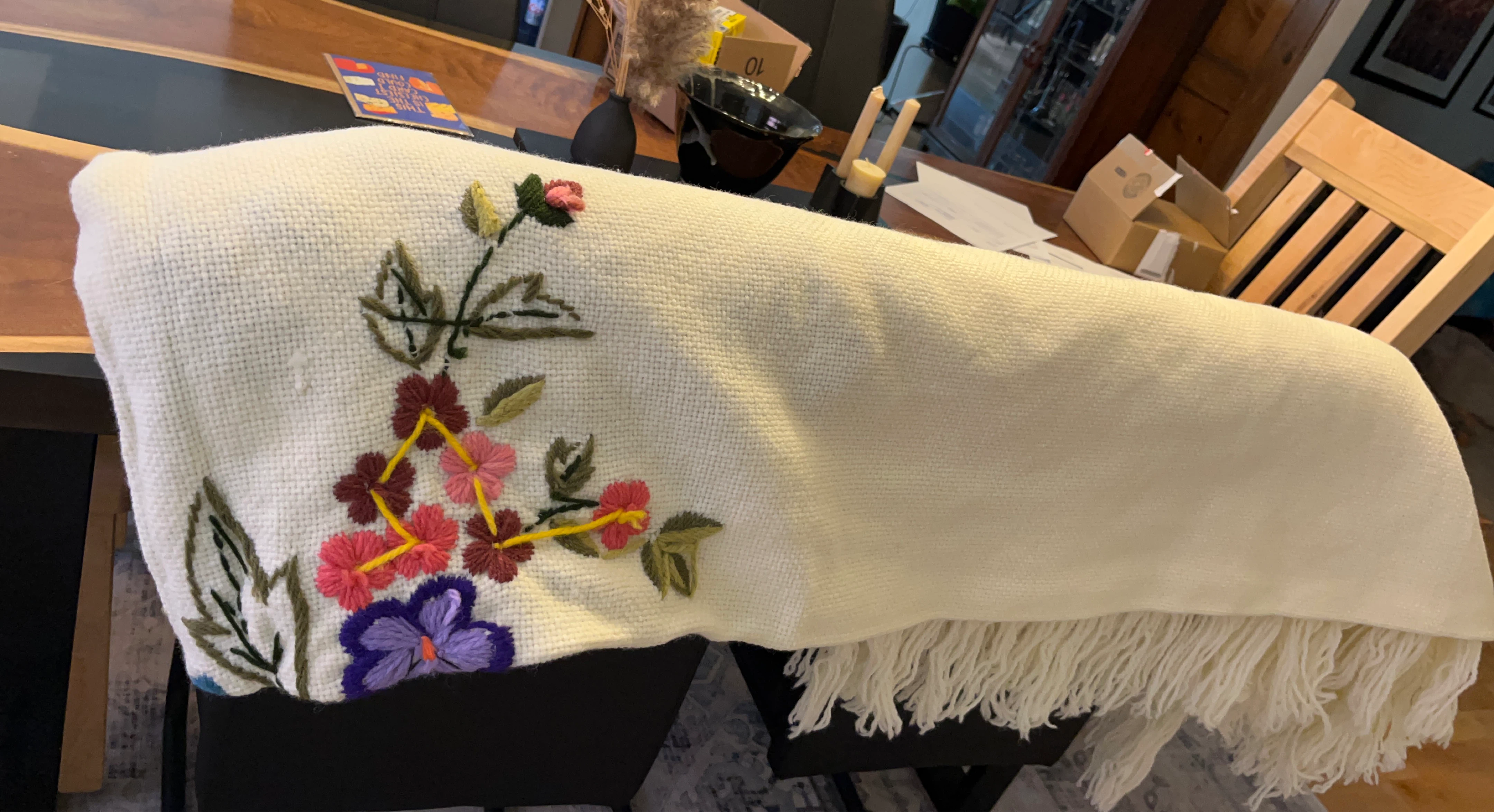 Embroidered Cream Throw Blanket with Fringe