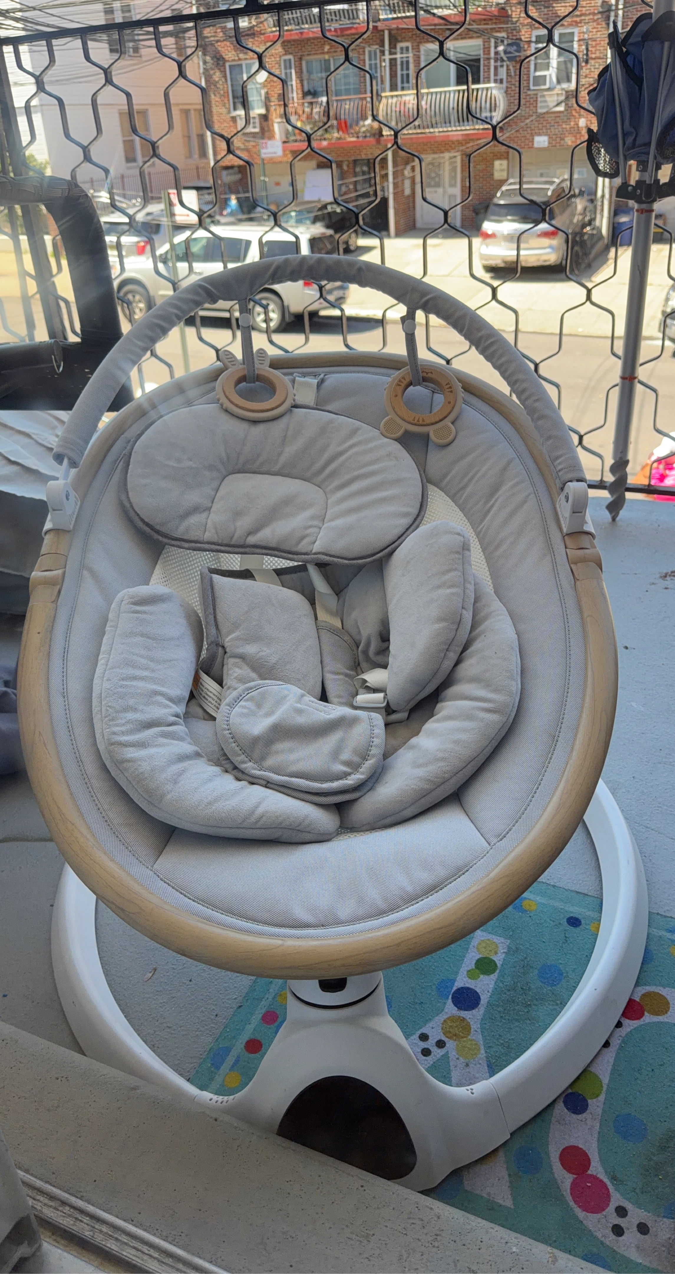 Light Grey Baby Rocker with Wood Trim