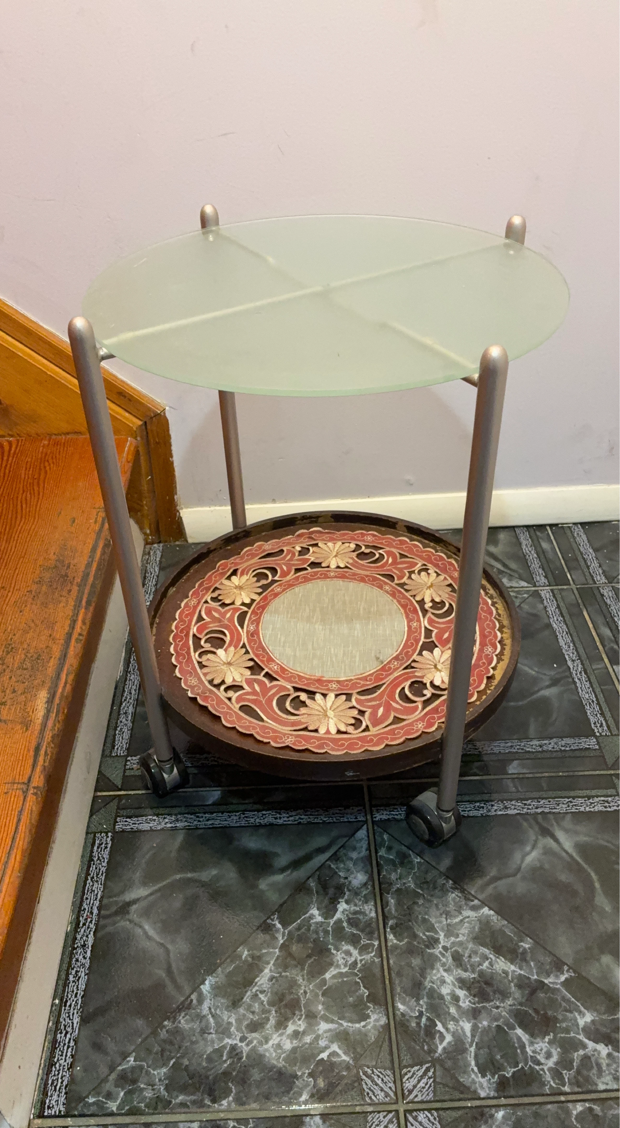 Glass Top Side Table with Decorative Bottom Shelf