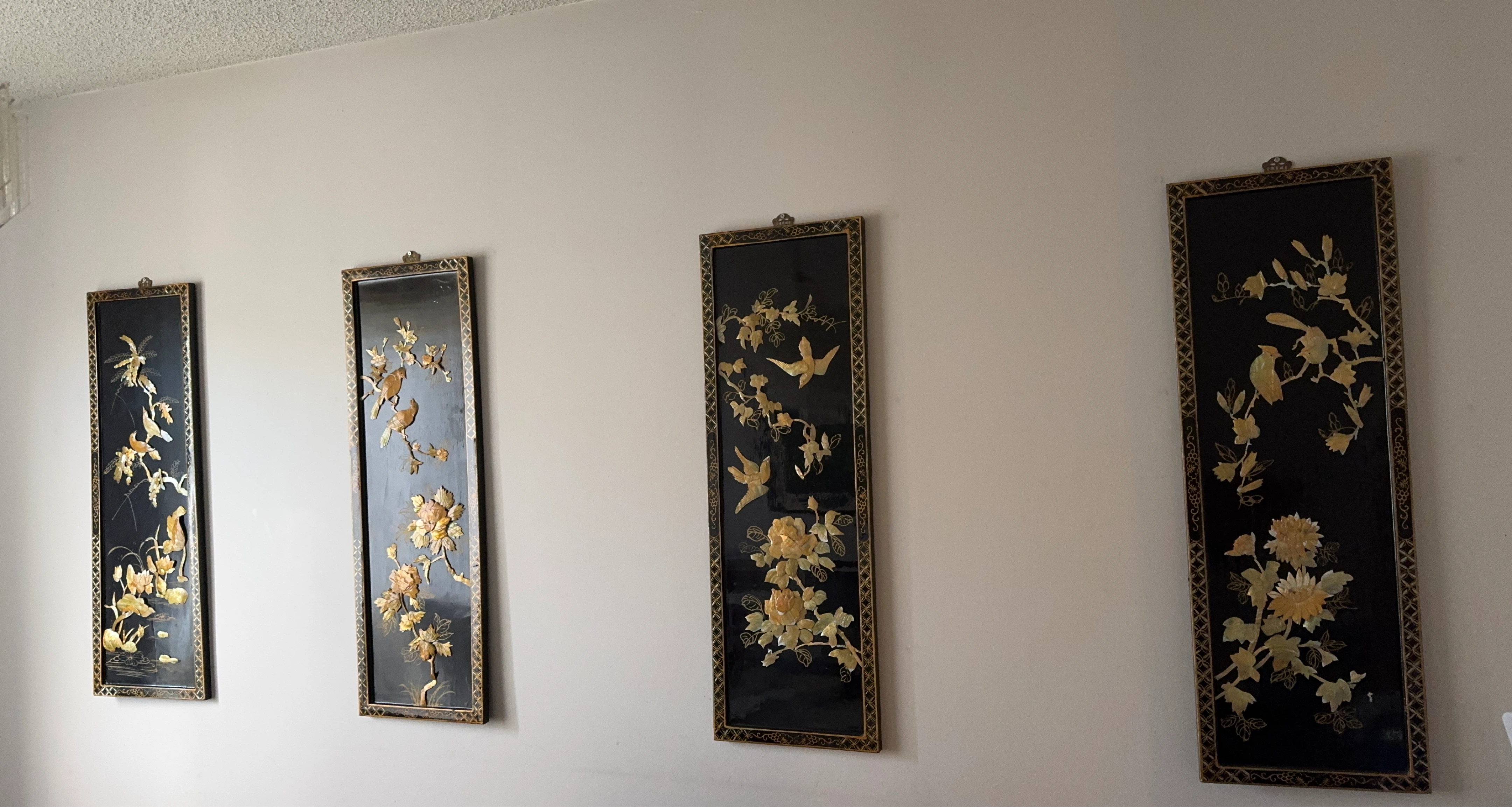 Set of 4 Vintage Black & Gold Bird and Flower Wall Art Panels