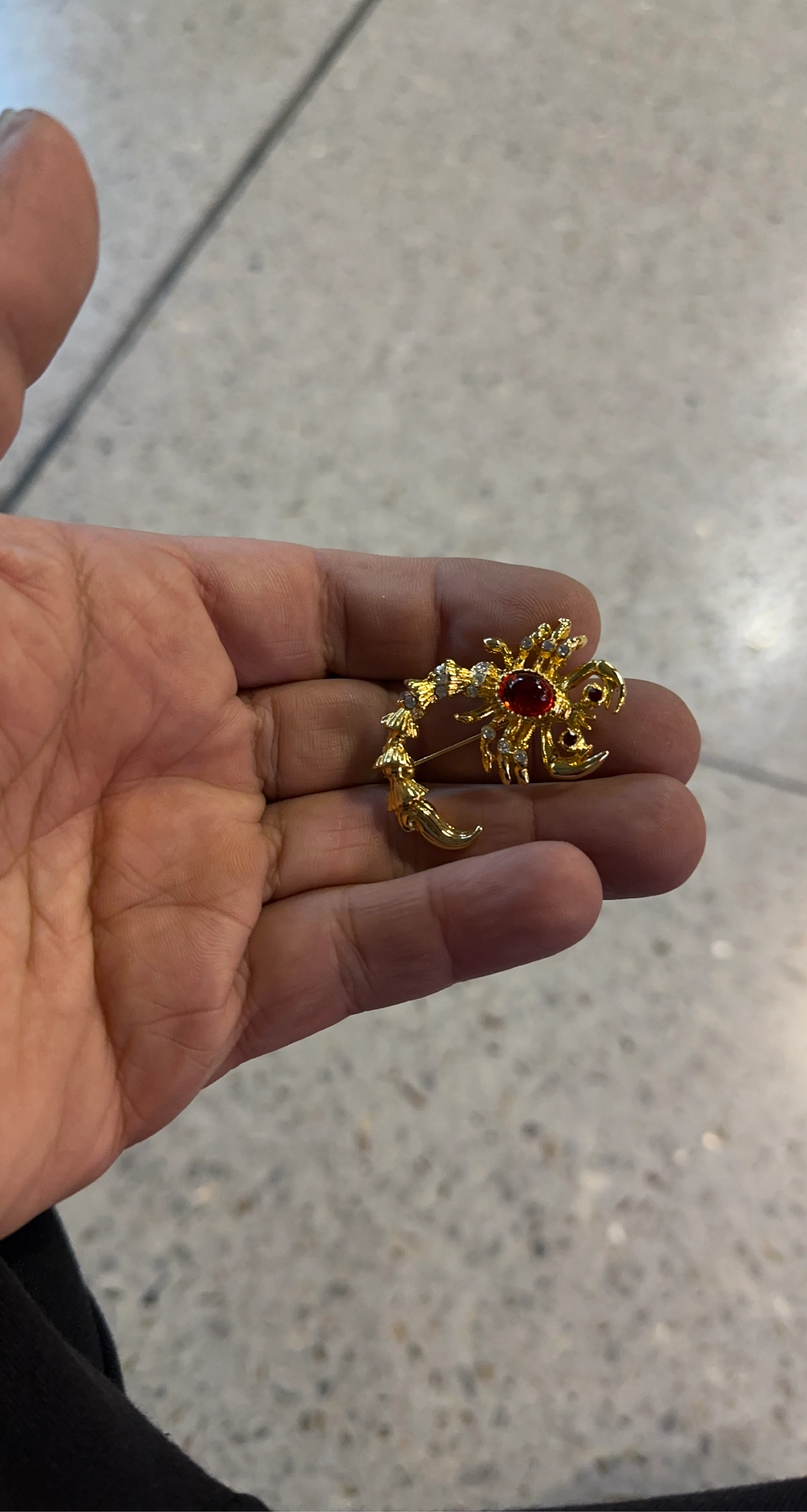Gold Scorpion Brooch with Red Stone