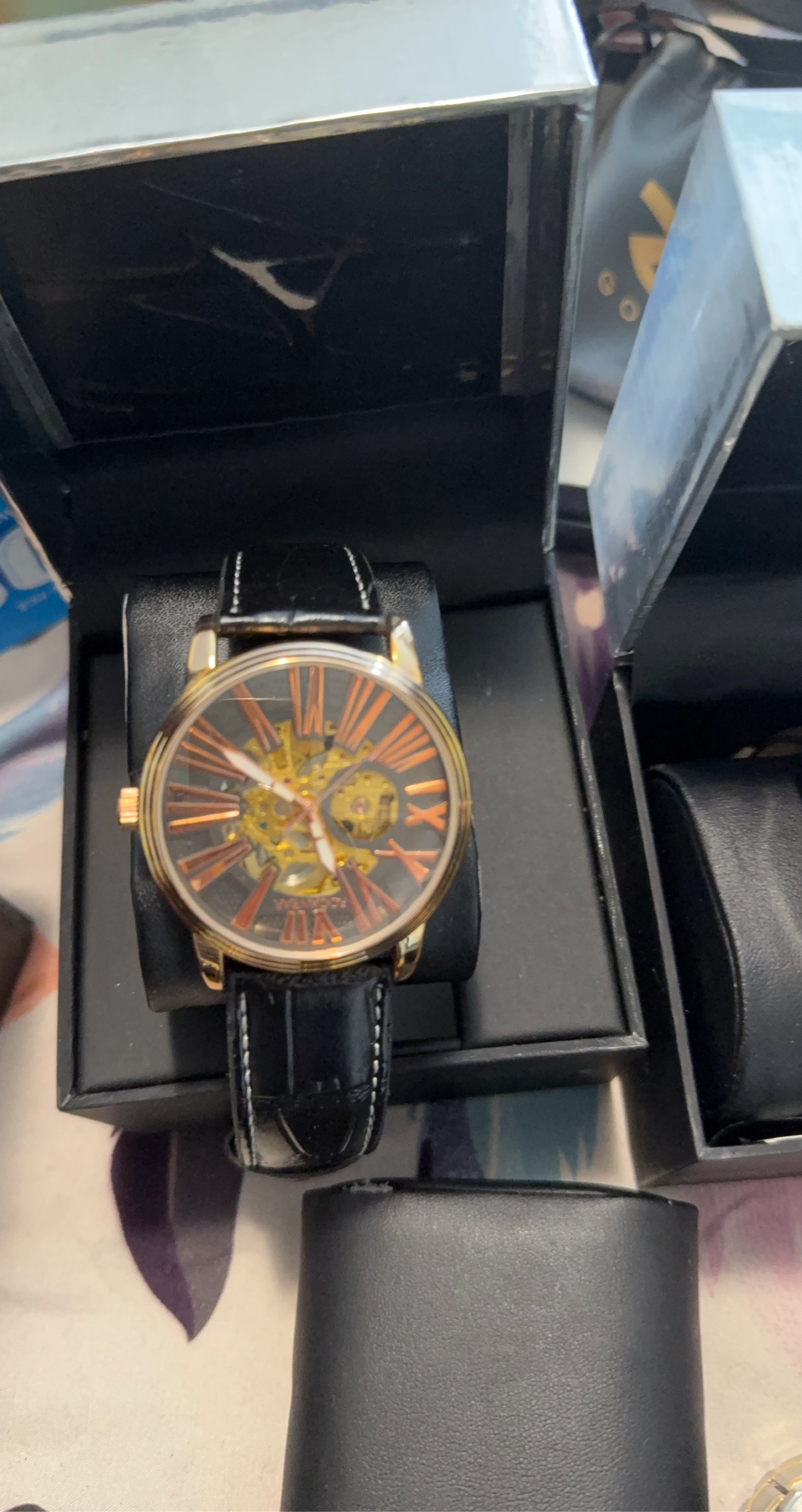 Men's Automatic Skeleton Watch - Gold Tone, Black Strap