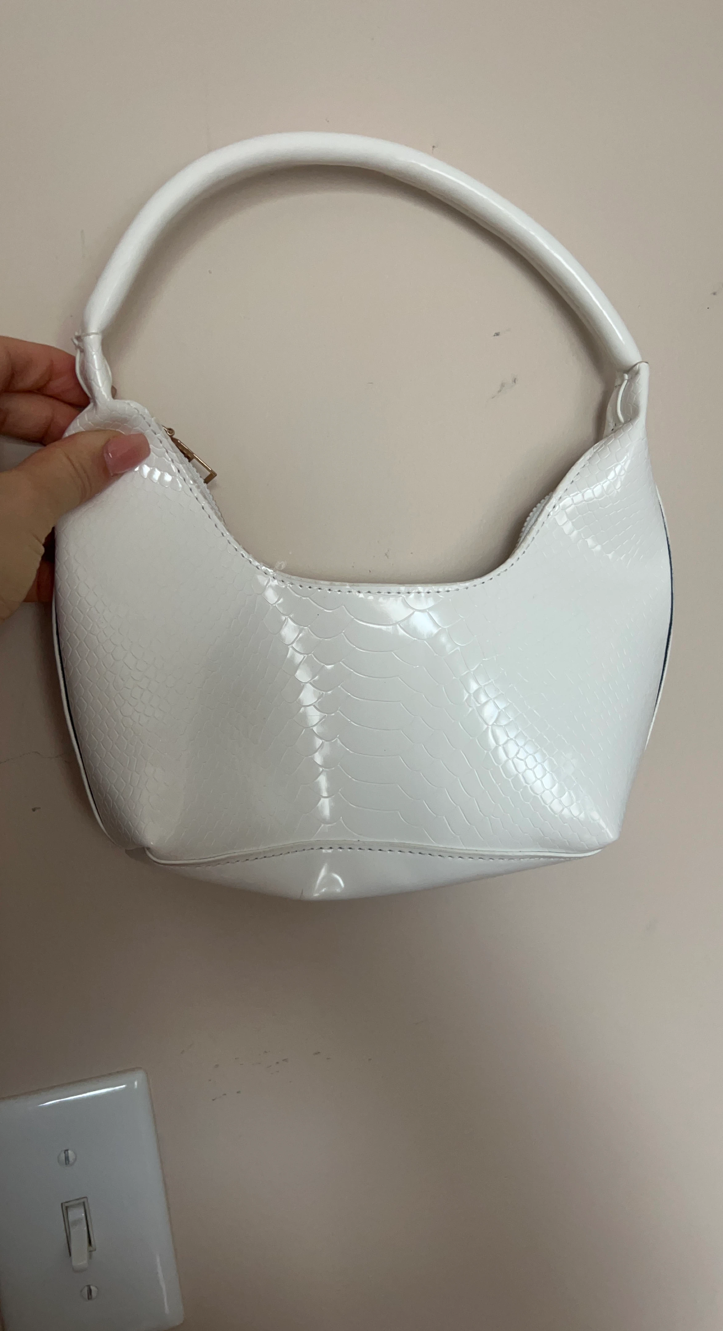 White Croc-Embossed Shoulder Bag