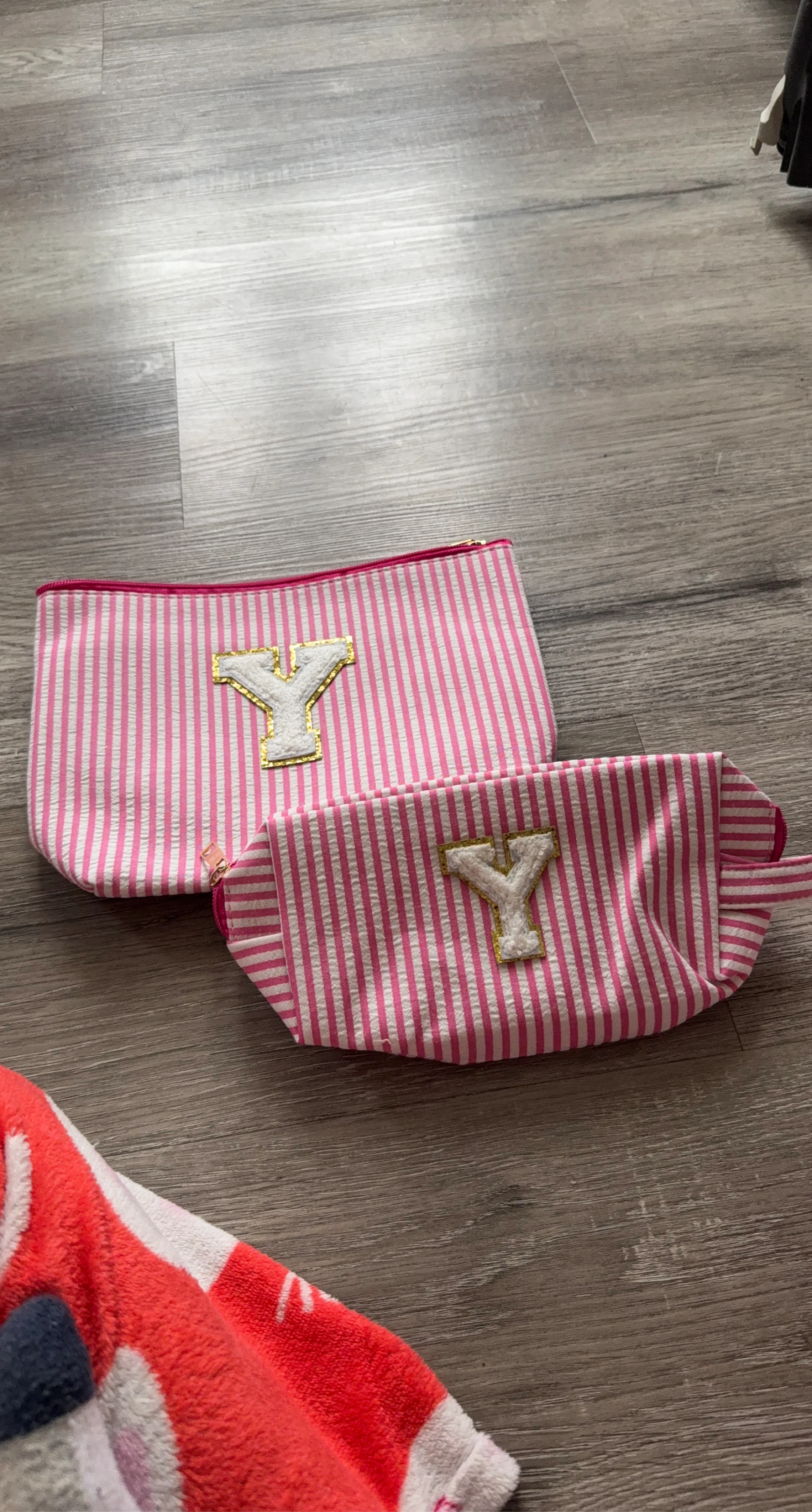 Set of 2 Pink Striped Pouches with 'Y' Monogram