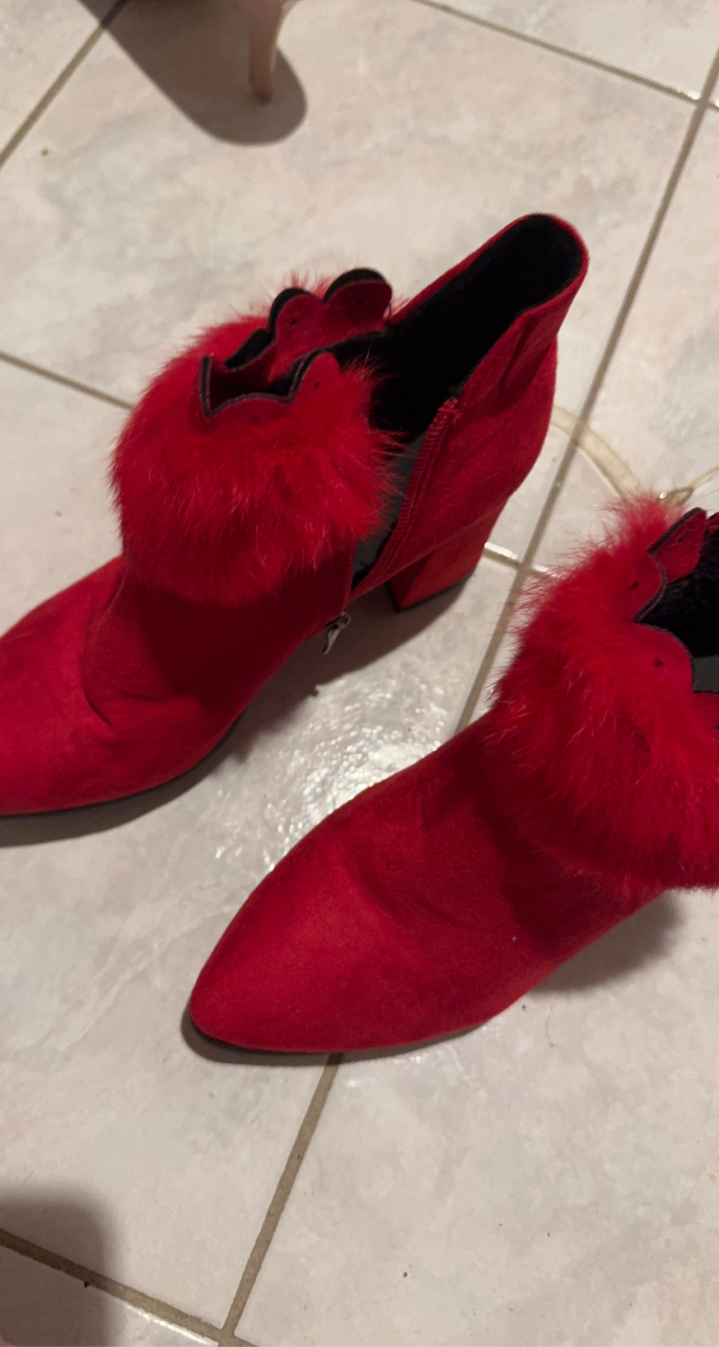 Red Faux Suede Ankle Boots with Fur Trim