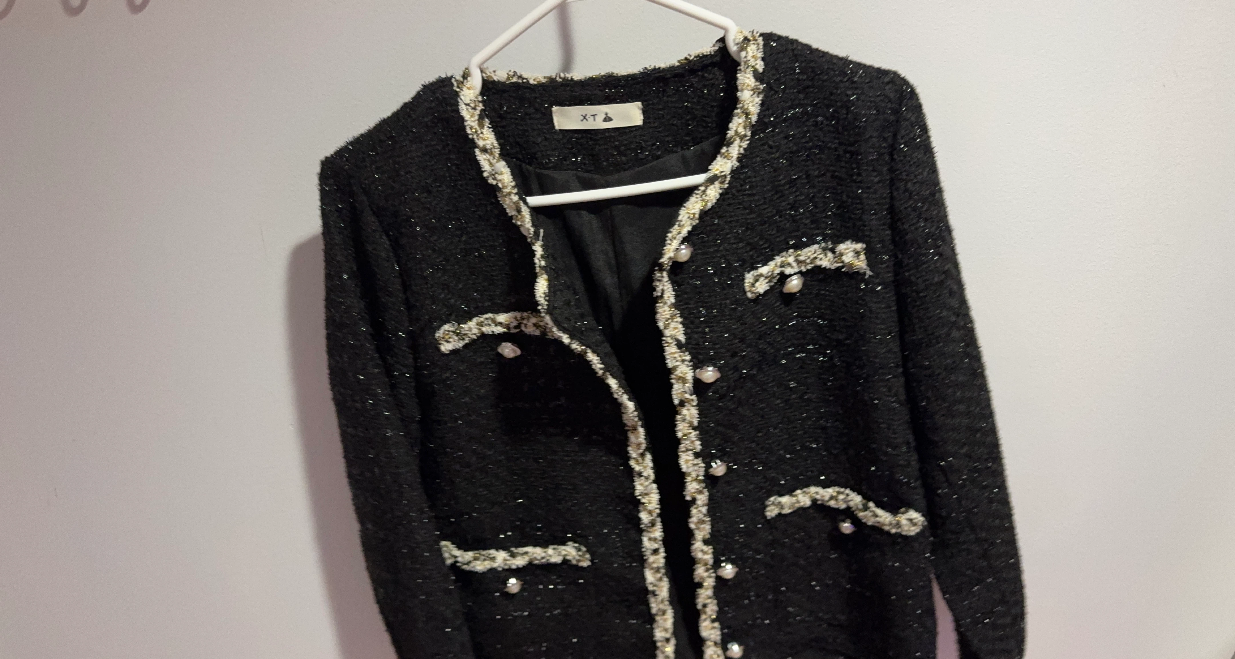 X T Women's Black Tweed Jacket with Pearl Details